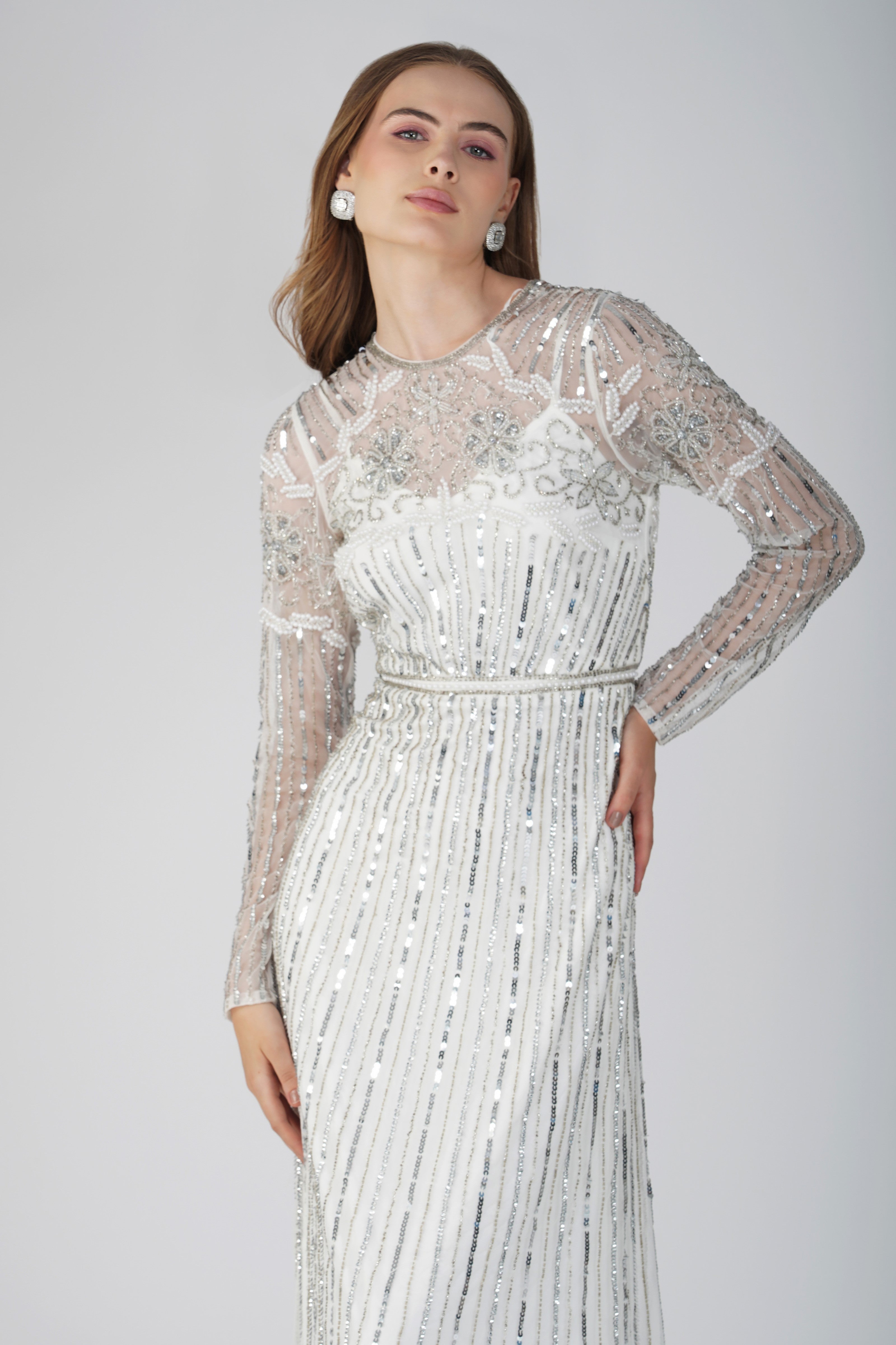 Teresa Silver Embellished Maxi Dress for Women - Elegant Evening Gown for Parties, Weddings & Special Occasions