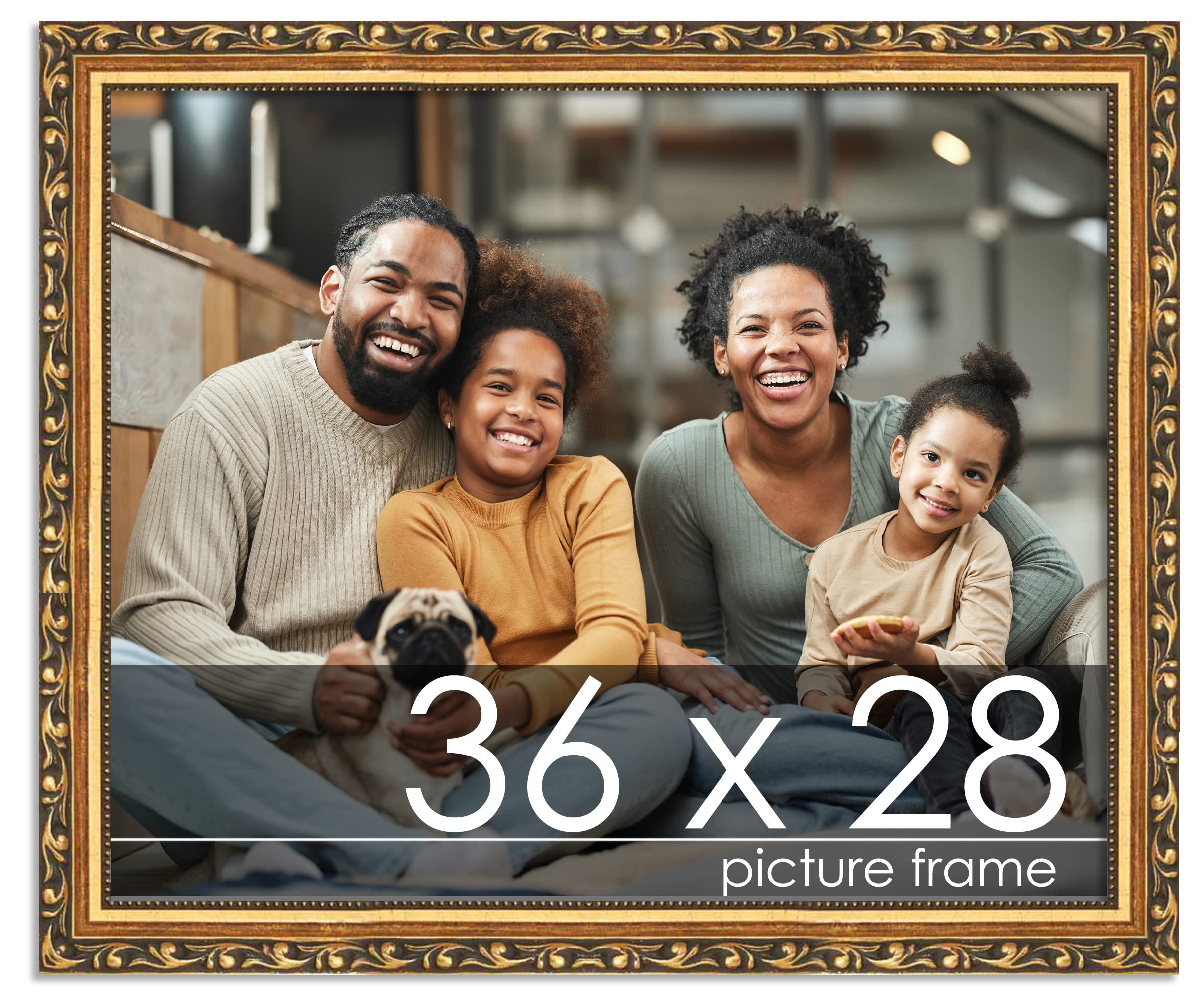 36x28 Traditional Gold Wood Picture Frame with UV Acrylic - Complete Set Includes Plexiglass, Foam Board Backing & Hanging Hardware - Perfect for Posters, Artwork, Photos and Home Decor
