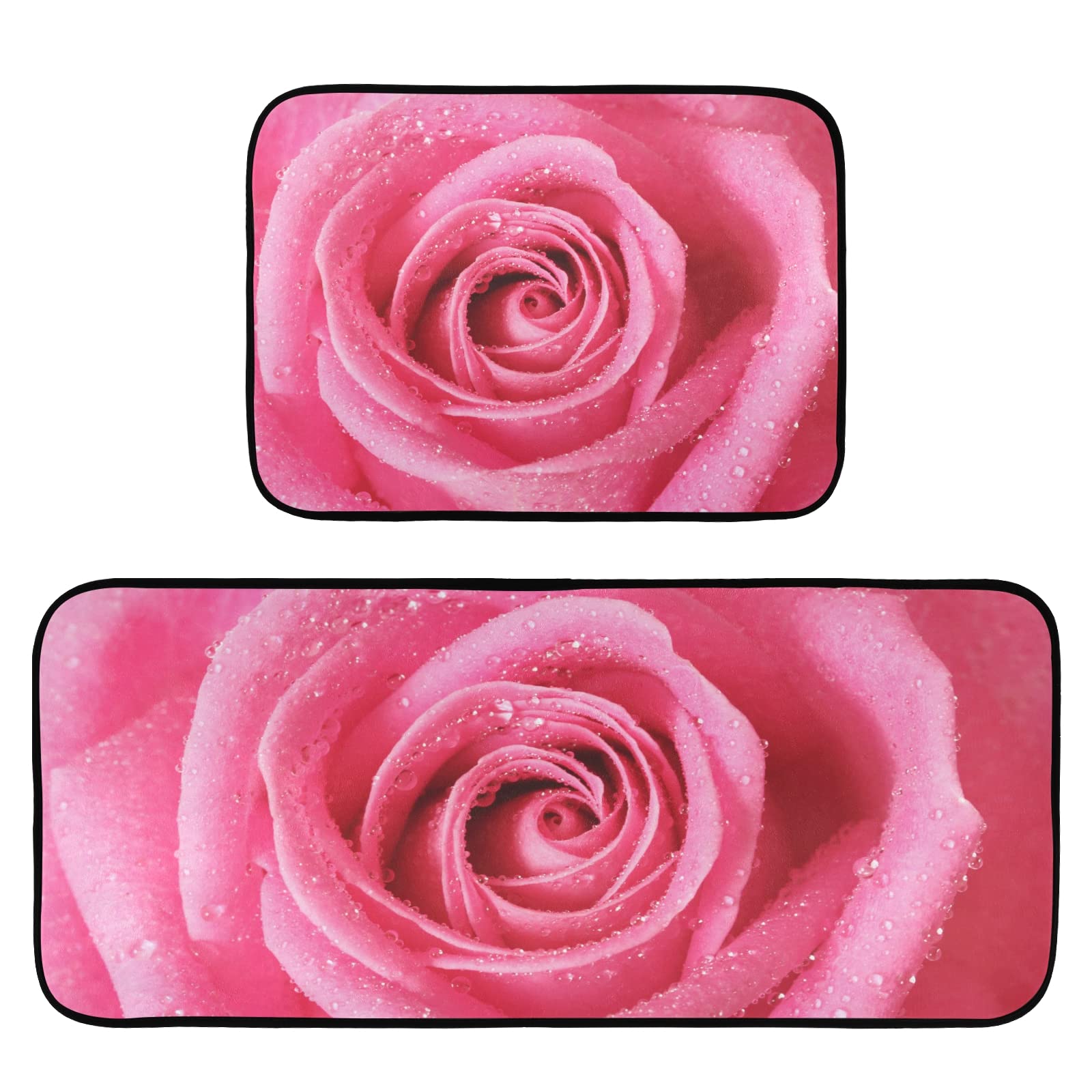 CaTaKu Non-Slip Kitchen Rugs - Washable Pink Rose Mats for Kitchen, Laundry & Office
