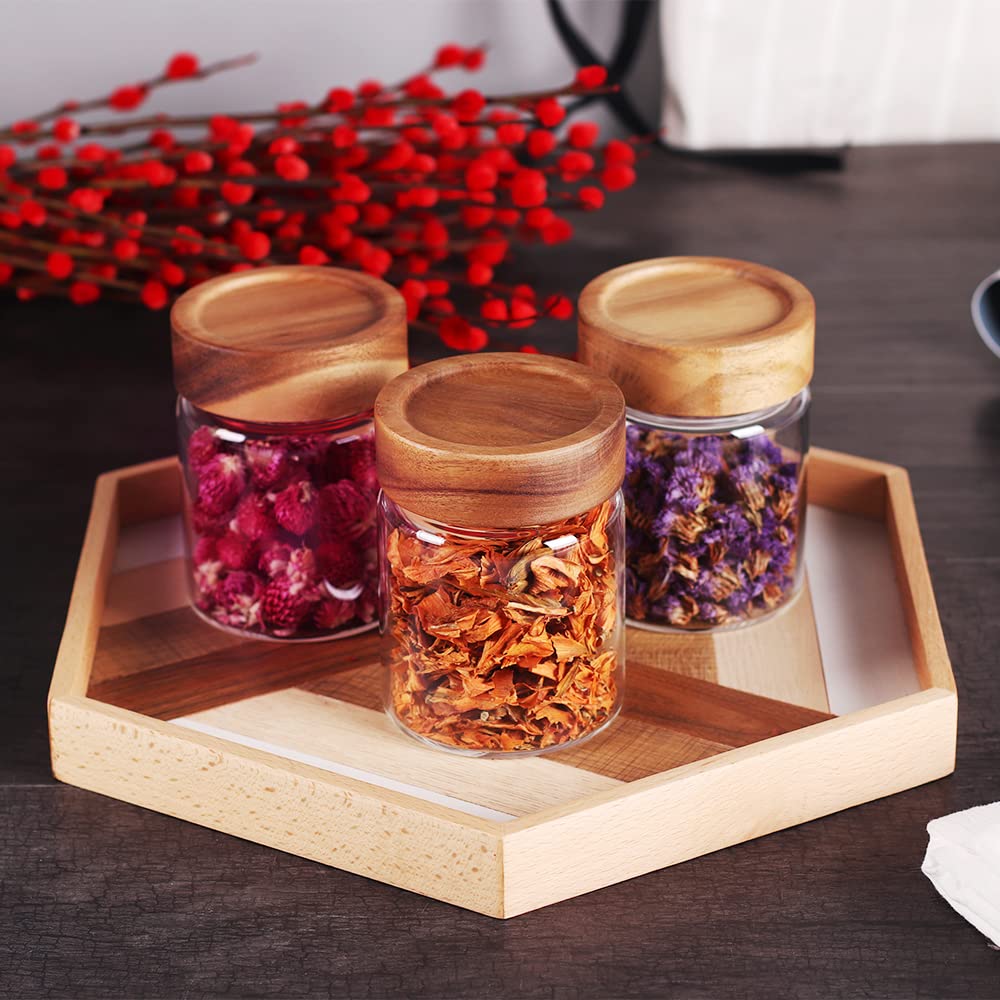 SAIOOL 3-Pack Glass Food Storage Jars with Airtight Screw Seal & Acacia Wood Lids - Spice Jars for Sugar, Salt, Coffee, Cookies & Spices | Kitchen Organization & Travel Containers for Home, Office & Camping