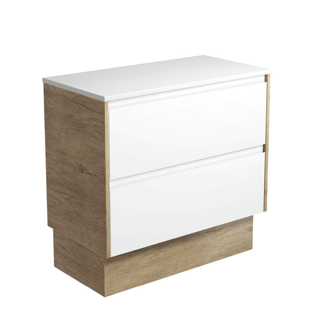 Fienza 90BWSK Amato 900 Kickboard Cabinet - Scandi Oak Panels in Satin White Finish | Modern Kitchen Storage Solution for Small Spaces & Open Shelving Designs