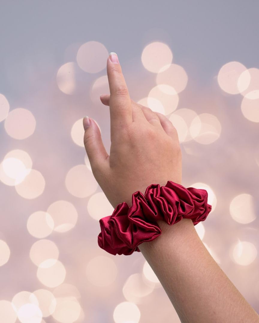SNEH 6-Pack Premium Satin Silk Scrunchies for Women & Girls - Soft Hair Ties, Ponytail Holders & Volumizing Hair Accessories (Maroon) - Perfect for School, Work, Gym & Everyday Styling