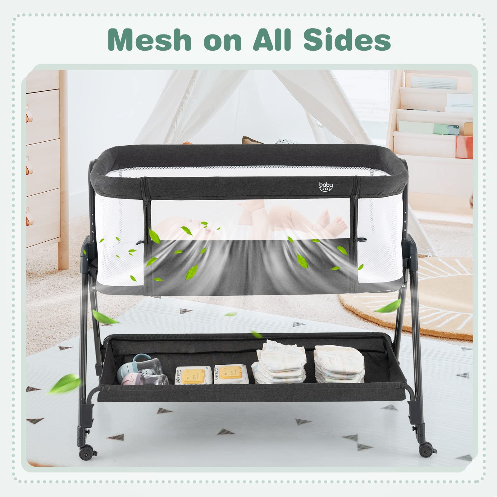 BABY JOY Portable Bassinet Bedside Sleeper - Foldable Crib with Breathable Mesh Sides, Storage Shelf & 7 Height Adjustments | Includes Mattress & Travel Bag for Safe Co-Sleeping | Perfect for Newborns & Infants (Black) | Ideal for Nursery, Bedroom & Travel Use