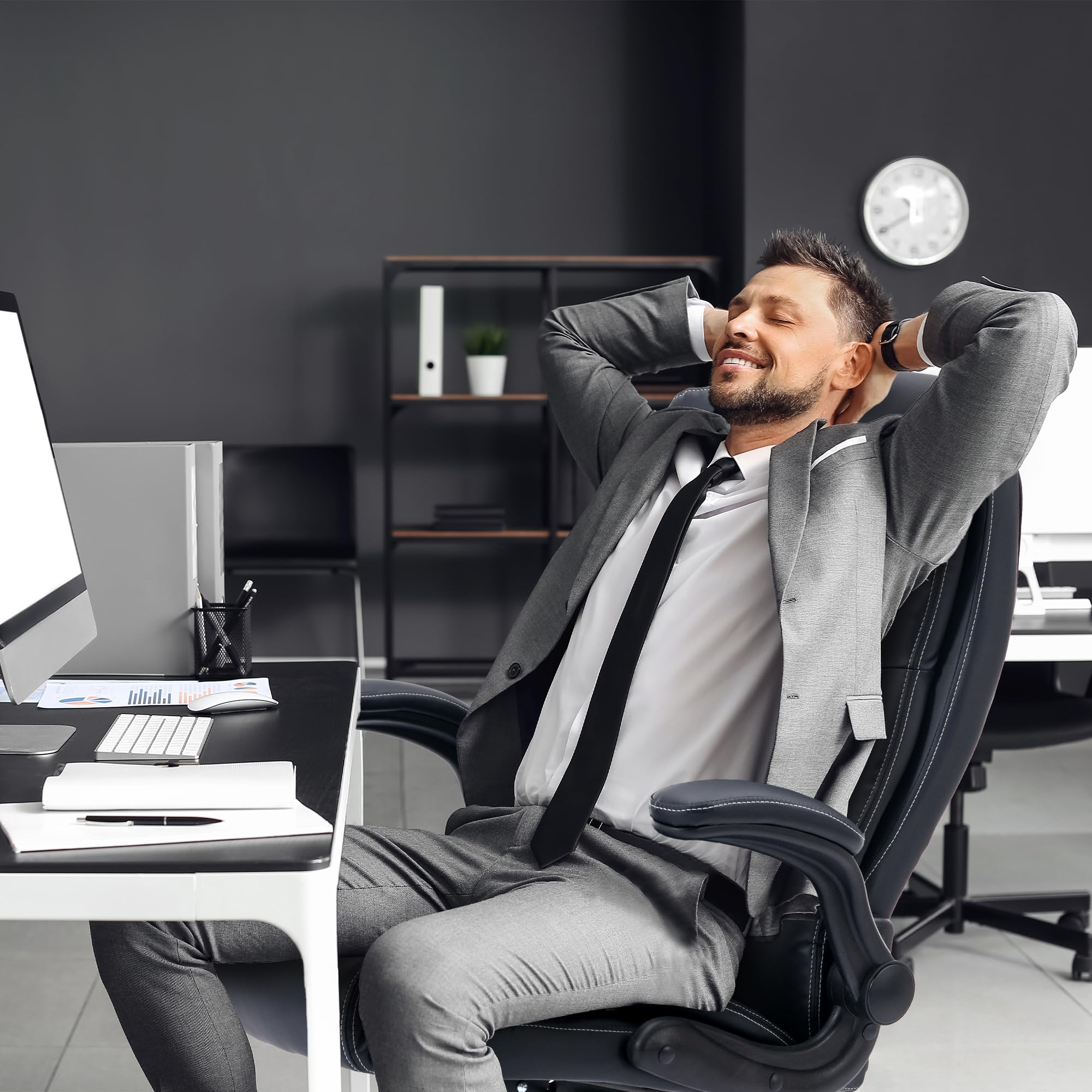 Premium High Back Leather Executive Office Chair - Ergonomic Home & Office Desk Chair with Flip-Up Arms, Lumbar Support & Wheels - Ideal for Long Work Hours, Gaming, and Professional Workspaces