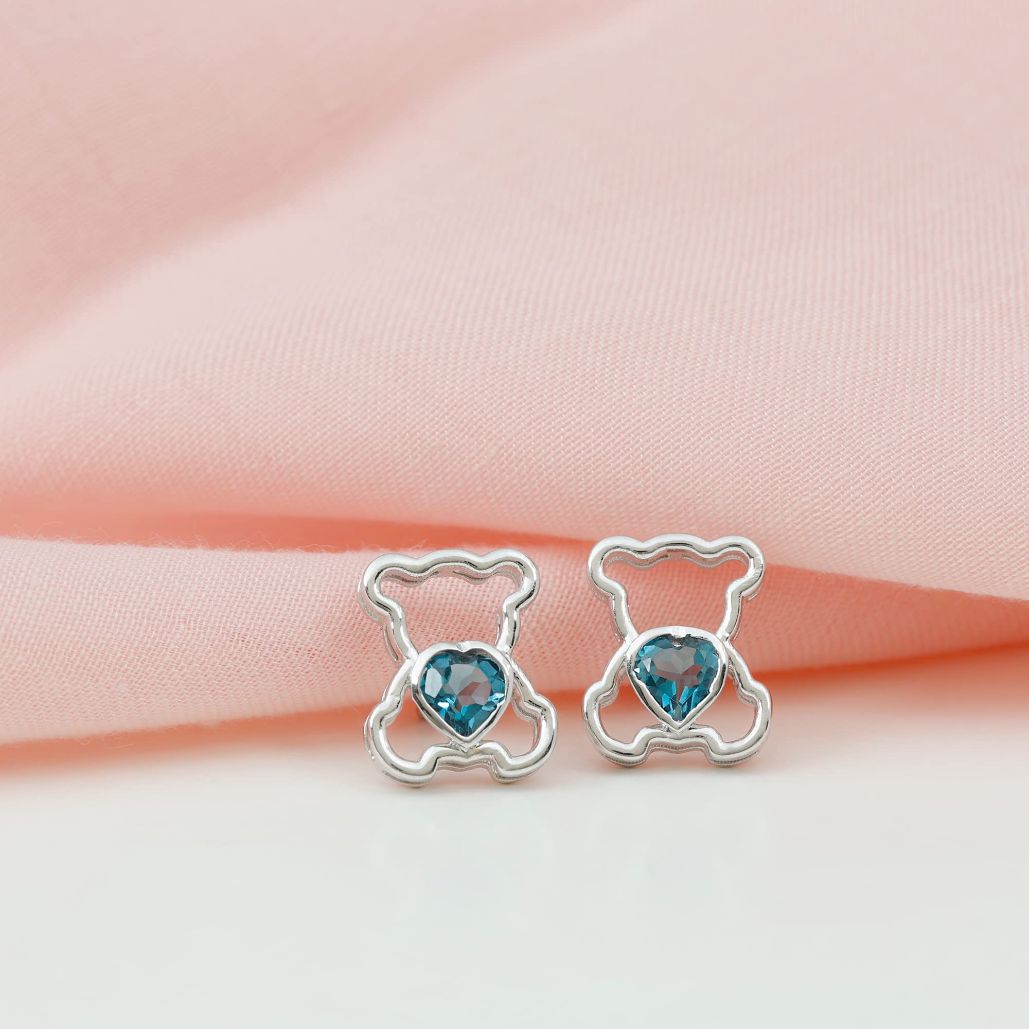 AAA Quality Cute Teddy Bear Earrings with London Blue Topaz & Heart Studs | Screw Back for Secure Fit | Perfect Women's Jewelry Gift for Birthday, Anniversary & Valentine's Day