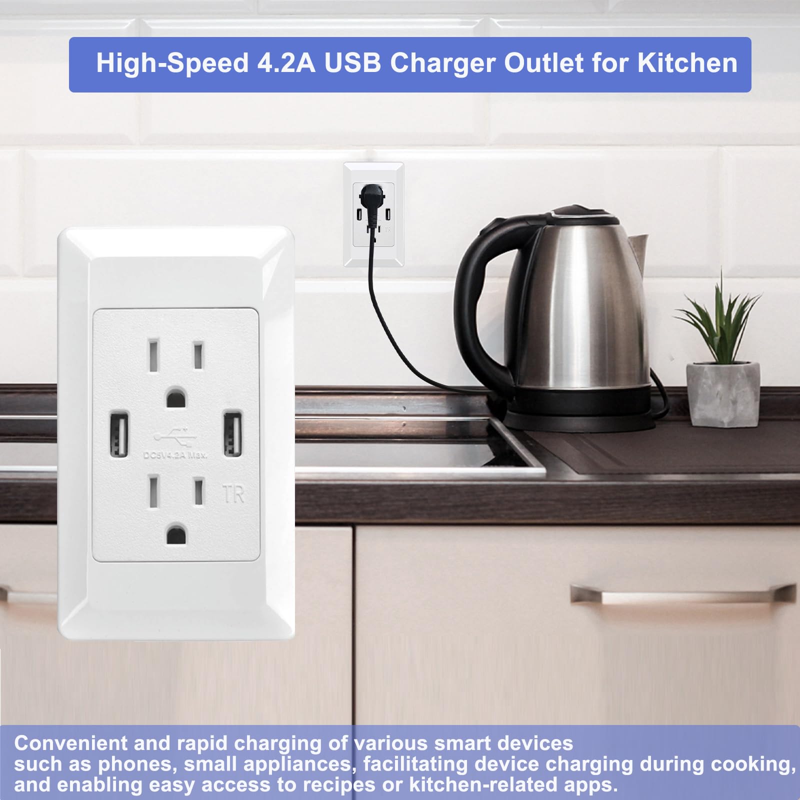 GREENCYCLE 10-Pack USB Outlet Receptacle - 4.2A Fast Charging, 15A Tamper-Resistant Duplex Wall Socket with Dual USB Ports & Screwless Wall Plates - Perfect for Home, Office & Hotel Charging Stations