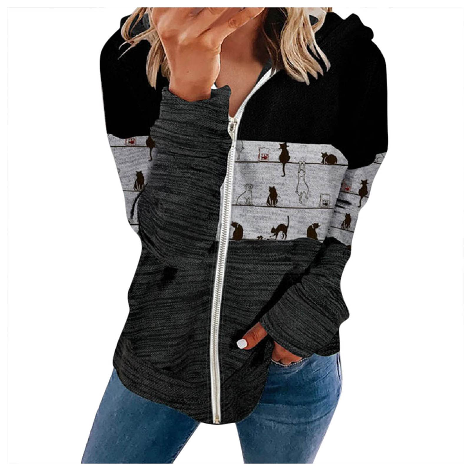 Women's Printed Cat Hoodie with Zipper Sleeves - Loose Fit Long Sleeve Sweatshirt - Plain Black for Casual Wear & Street Fashion