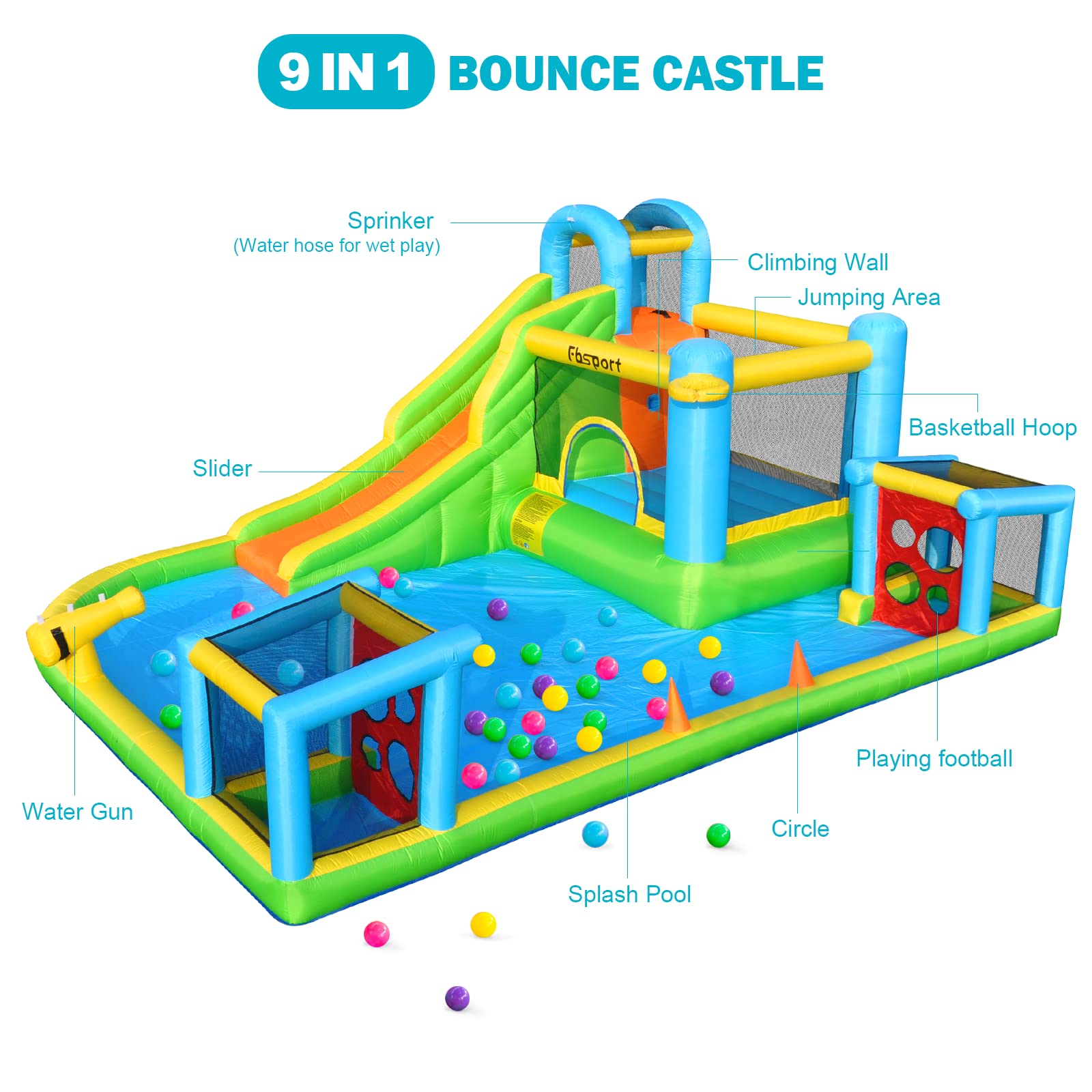 FBSPORT Inflatable Bounce House with Water Slide - 9-in-1 Kids Bouncy Castle for Indoor & Outdoor Play | Includes Blower, Football Shooting Game, Water Gun, Splash Pool & Bounce Area | Perfect for Birthday Parties, Backyard Fun & Summer Water Activities