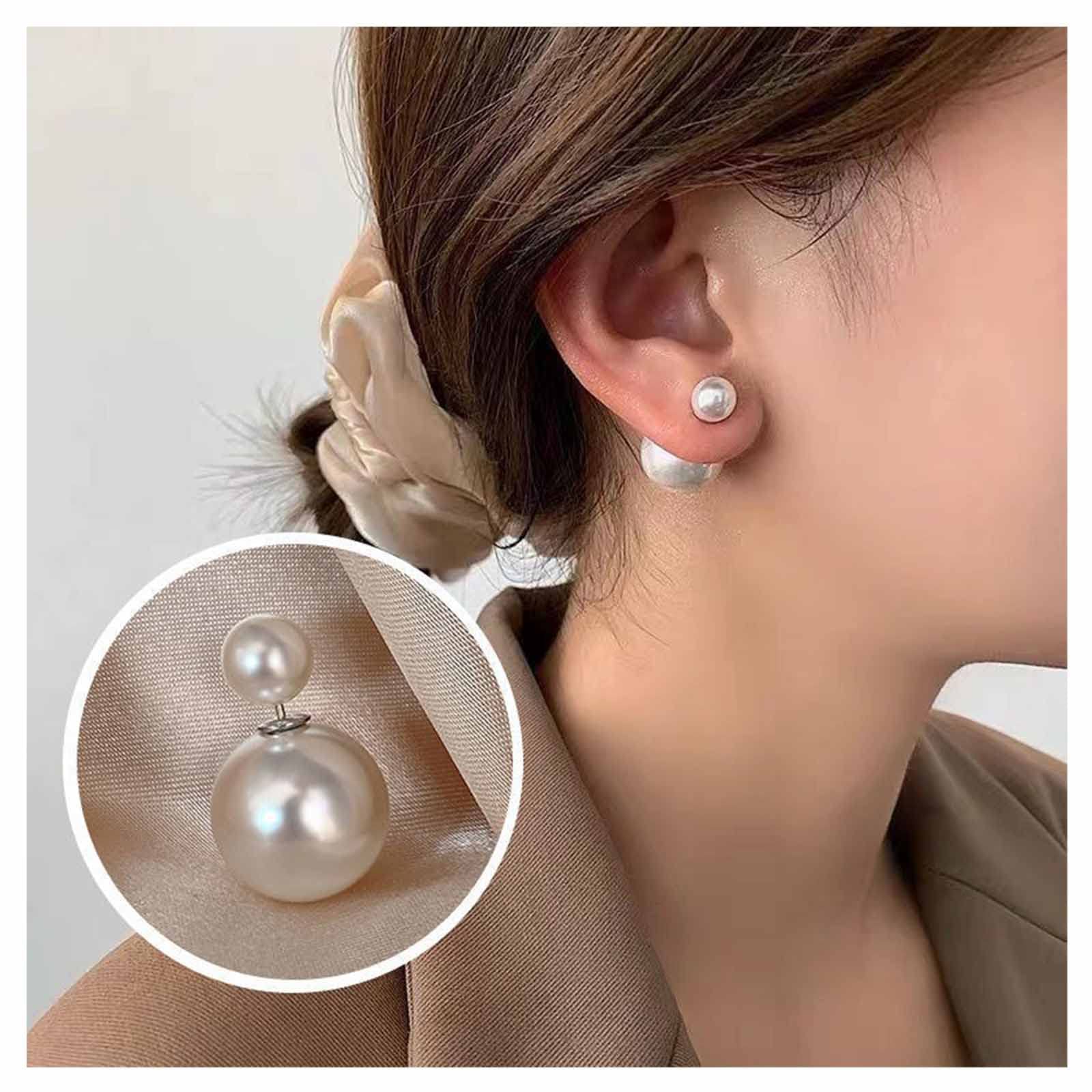 Vintage Pearl Ear Jacket Earrings - Large Double Side Silver Pearl Stud Earrings for Women | Elegant Front & Back Dangle Earrings for Parties, Weddings & Daily Wear