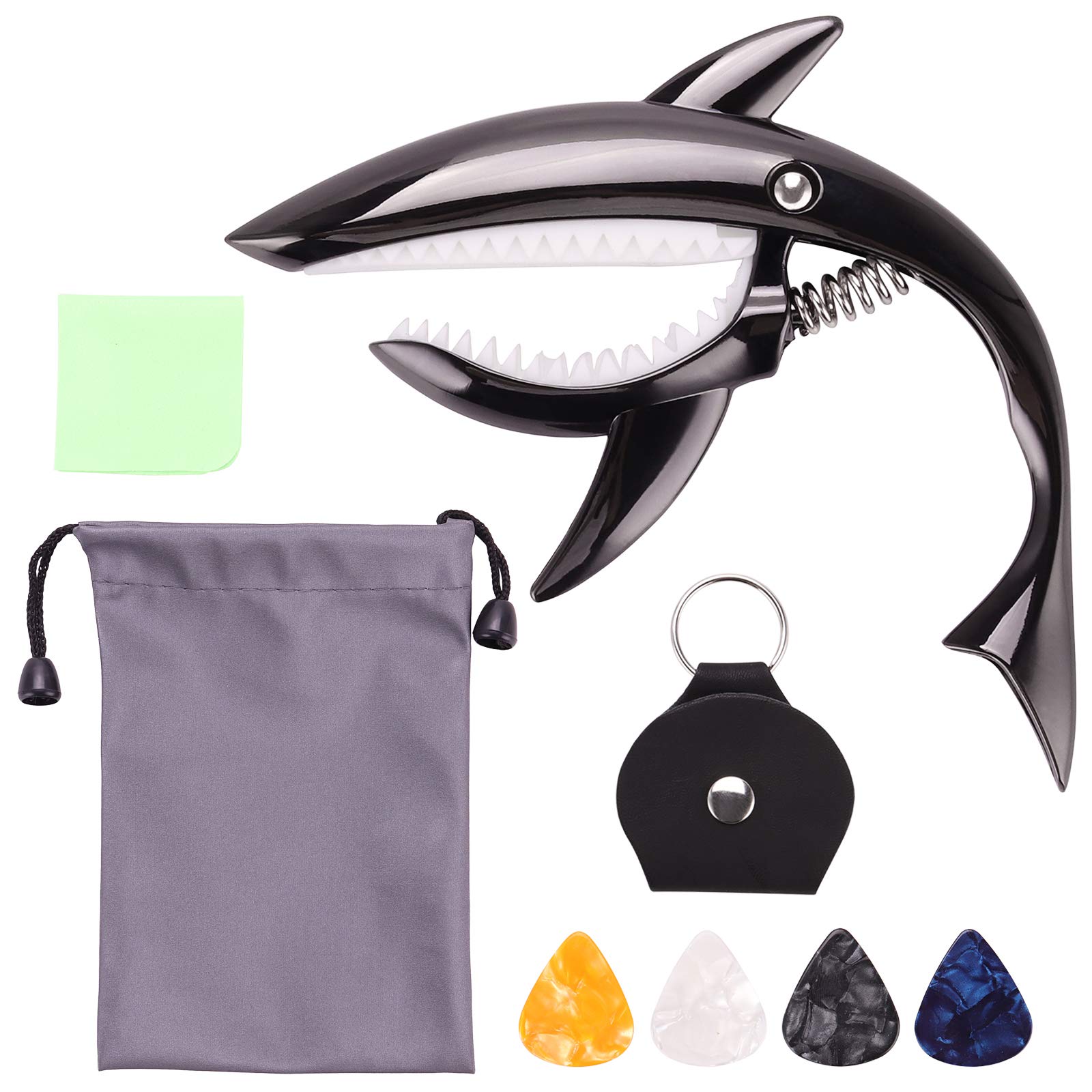 Isonro Shark-Shaped Zinc Alloy Guitar Capo & Tuner for Electric & Acoustic Guitars (4-6 String) with Pick Wallet & 2 Picks - Black | Perfect for Stage Performances, Practice & Music Lessons