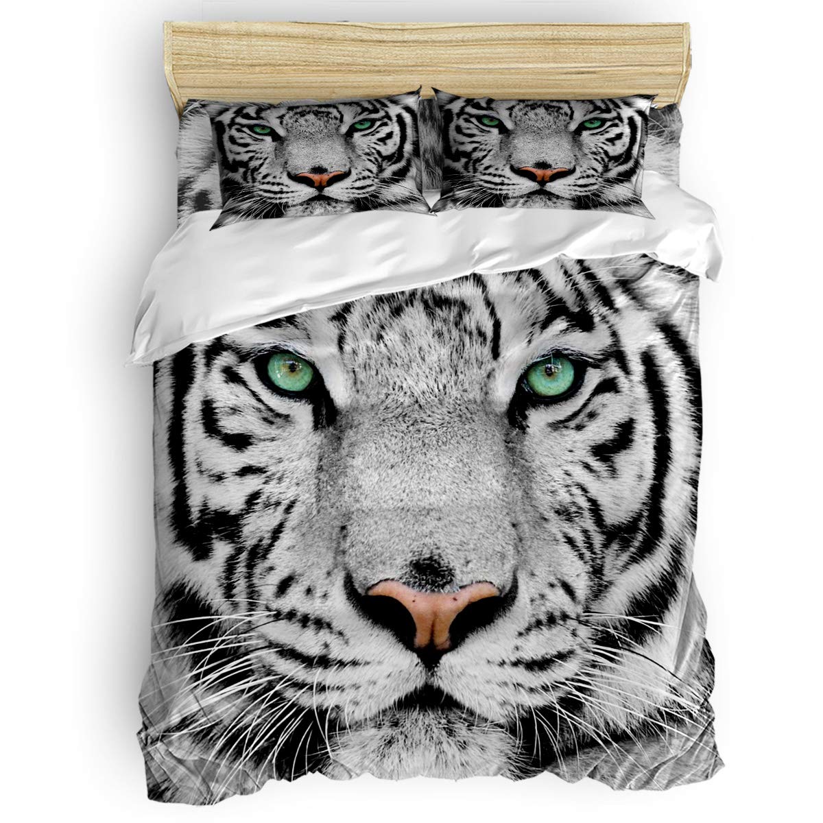 Premium 4-Piece Twin Size Bedding Set - Ultra Soft Microfiber Duvet Cover with Zipper Closure (1 Comforter Cover + 1 Fitted Sheet + 2 Pillow Shams) - White Tiger with Green Eyes Design - Perfect for Kids' Rooms, Jungle Themed Decor & Cozy Bedroom Makeovers