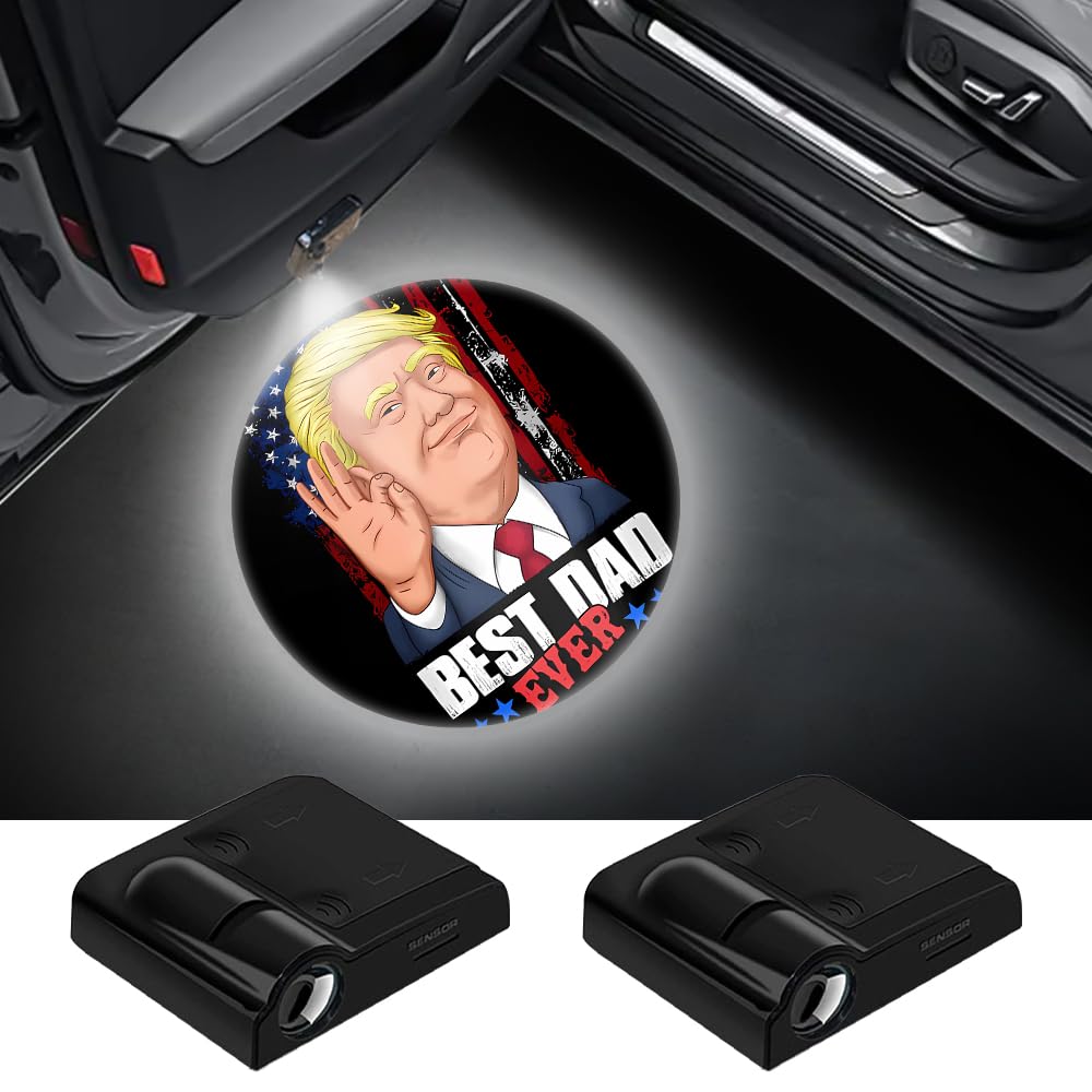 Trump Car Door Welcome Light - Best DAD Ever Wireless Laser Projector with Cute Icon LED Magnet Induction Courtesy Lamps | Perfect for Father's Day Gifts, Car Accessories & Nighttime Safety