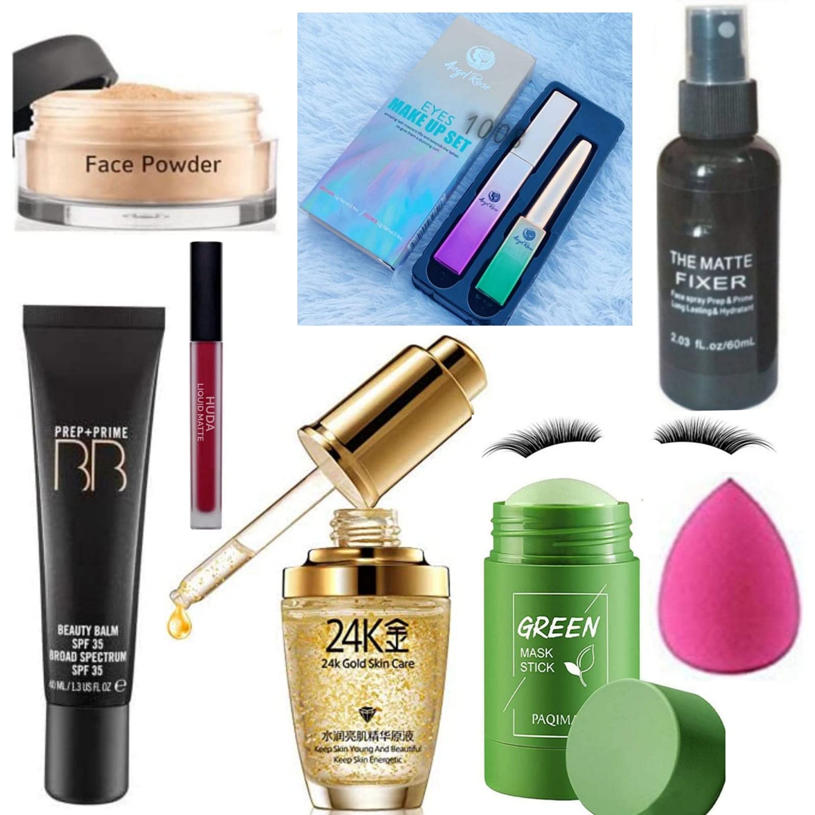Premium COSMAC Makeup Kit Set of 10 - BB Cream, 24K Gold Face Serum, Green Tea Mask, Waterproof Eyeliner & Mascara, Loose Powder, Lipstick, Makeup Fixer, False Lashes & Beauty Blender - Complete Cosmetic Collection for Daily Makeup & Professional Looks