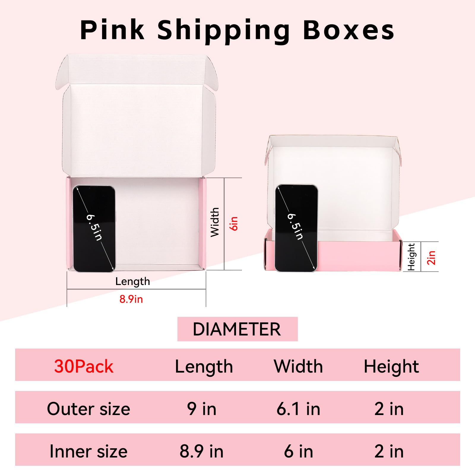 30 Pack 9x6x2 Inch Pink Corrugated Cardboard Shipping Boxes - Small Business Packaging, Mailing & Ecommerce Shipping Supplies - Perfect for Jewelry, Cosmetics & Small Product Shipments