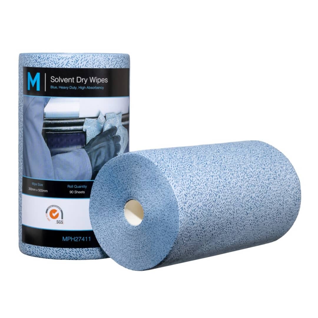 Solvent Dry Wipes - Blue, 300mm x 500mm, 90 Sheets, 80gsm, 4 Rolls/Box | Heavy-Duty Cleaning Wipes for Industrial, Automotive & Workshop Use