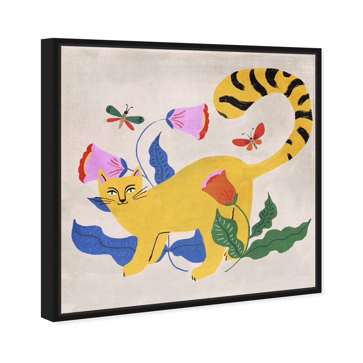 Blonde Tabby Floral Kitten Butterfly Garden Modern Yellow Framed Canvas Wall Art Print - Home Decor for Bedroom, Living Room & Nursery