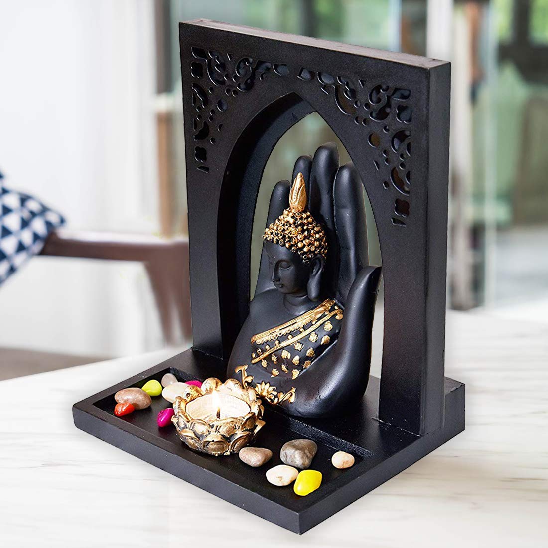 MARINER'S CREATION Hand-Carved Buddha Statue with Wooden Royal Tray | Spiritual Home Decor for Living Room & Meditation Space | Perfect Housewarming Gift for New Home & Office Blessing