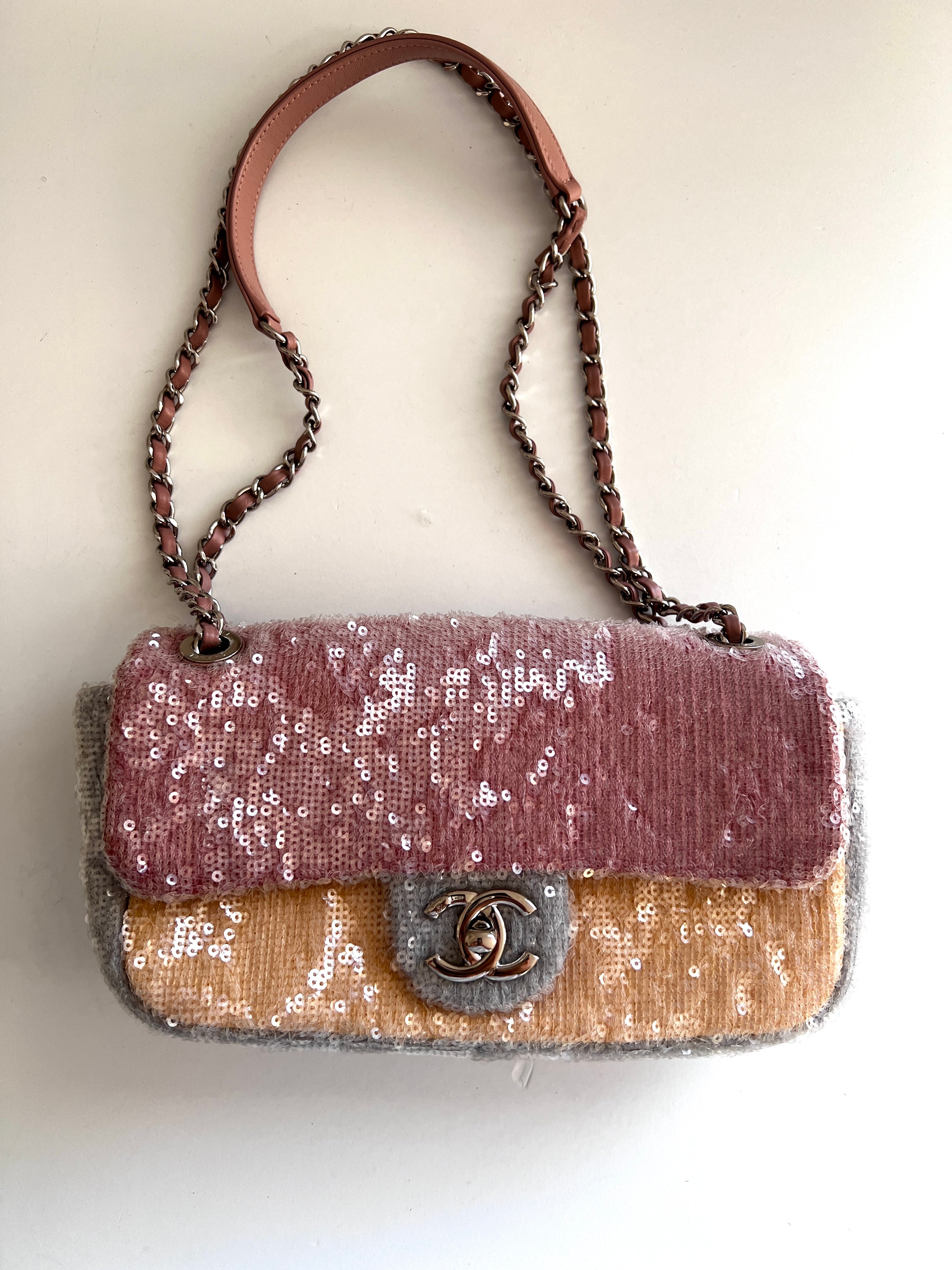 Chanel Small Flap Bag with Waterfall Sequin Design - Elegant Evening Clutch for Parties, Weddings & Special Events