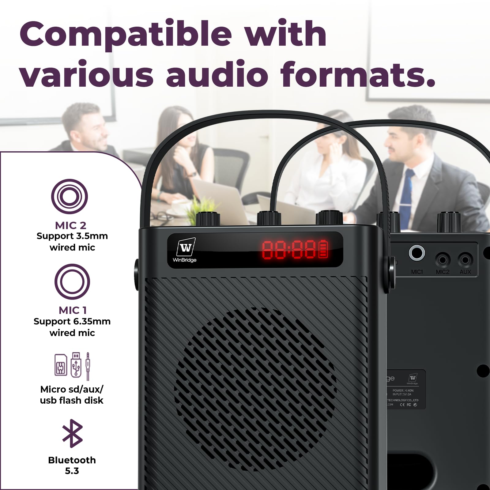 Bluetooth 5.3 Wireless Voice Amplifier with 2 Wireless Mics - 40W Portable Rechargeable PA Speaker System for Teachers, Presenters, Tour Guides - Perfect for Classrooms, Outdoor Events & Public Speaking
