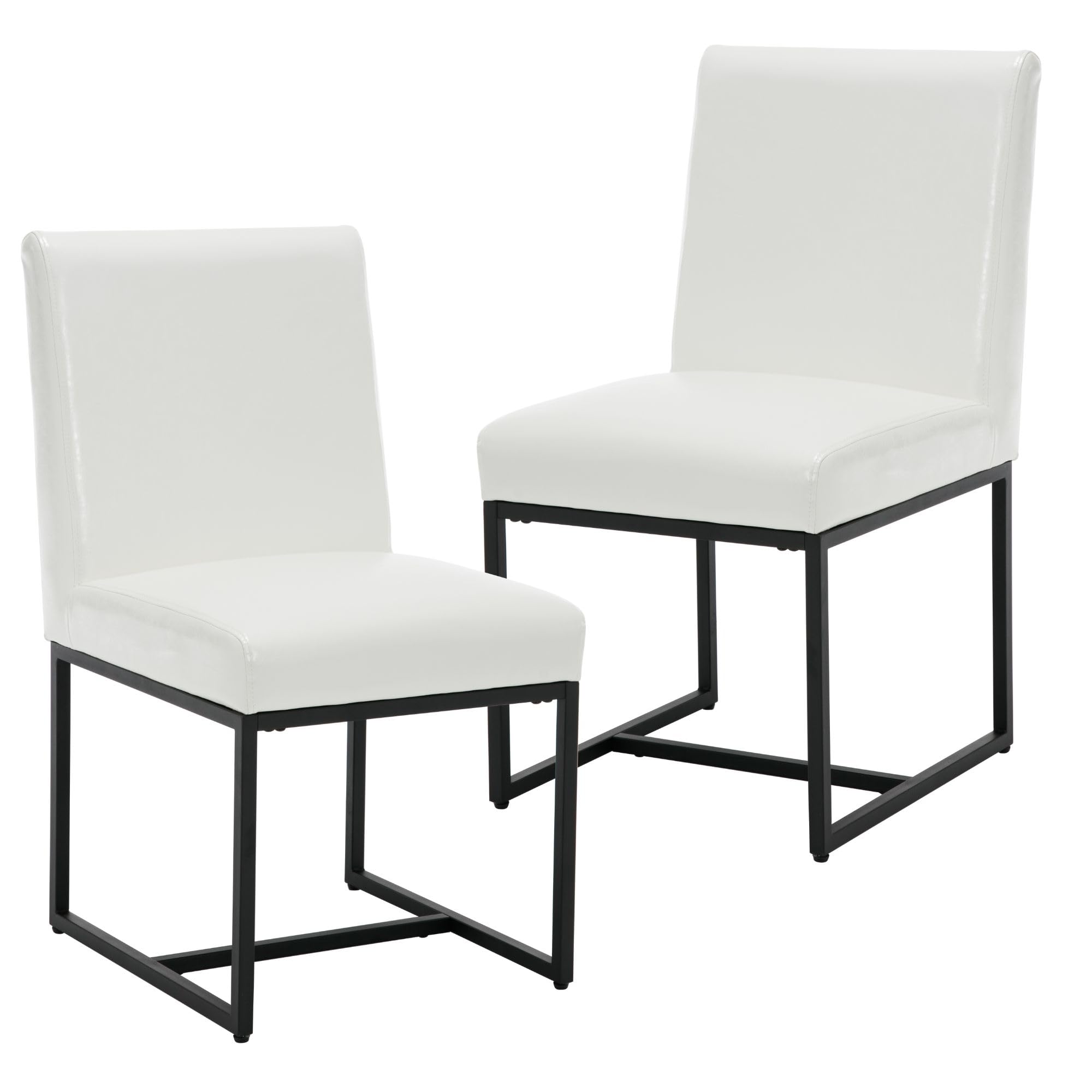 Modern PU Leather Kitchen Chairs Set of 2 - Comfortable Upholstered Dining Chairs with Black Metal Frame - White Contemporary Side Chairs for Kitchen, Dining Room, Breakfast Nook & Small Spaces