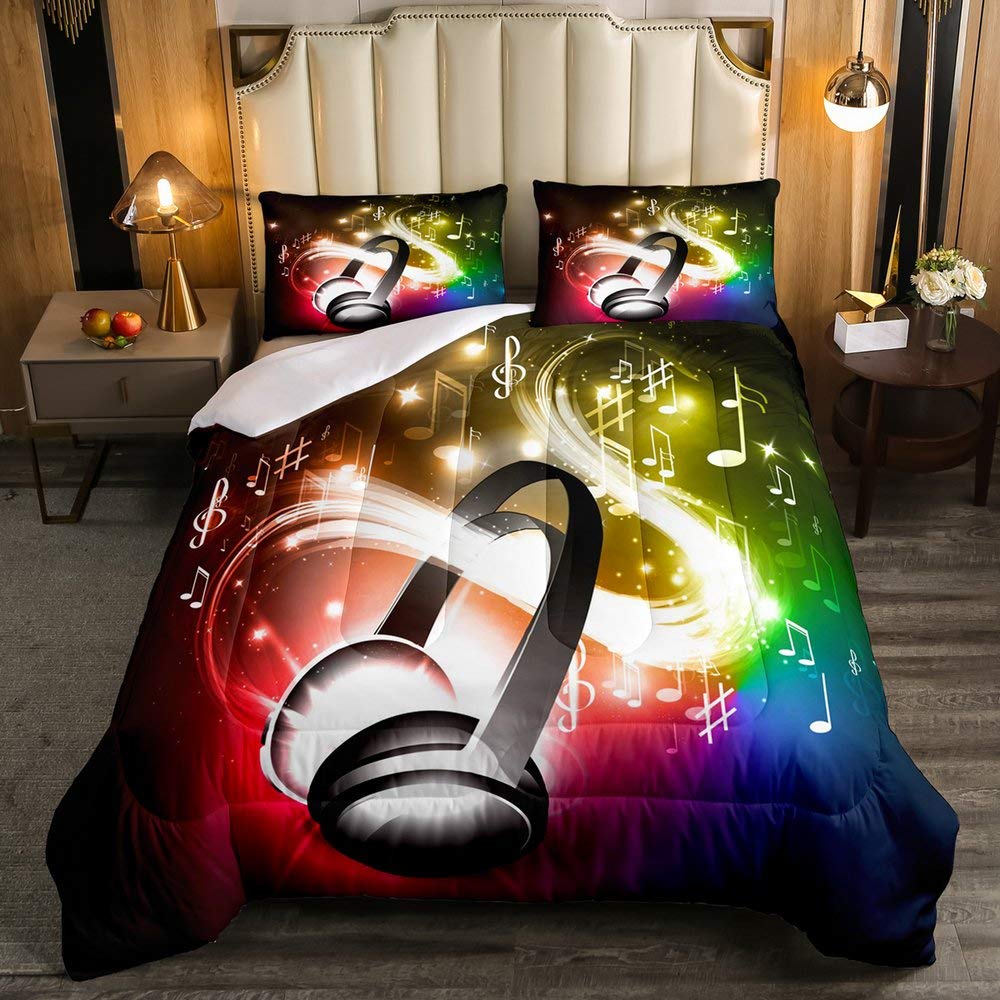 Erosebridal Musical Note Headphone Comforter Set - Hipster Bedding for Kids, Teens & Adults - Rock Hip Hop Grunge Style Duvet Cover with Headset Design - Twin Size Bedding Set - Perfect for Music Lovers' Bedroom Decor & Teen Room Makeover