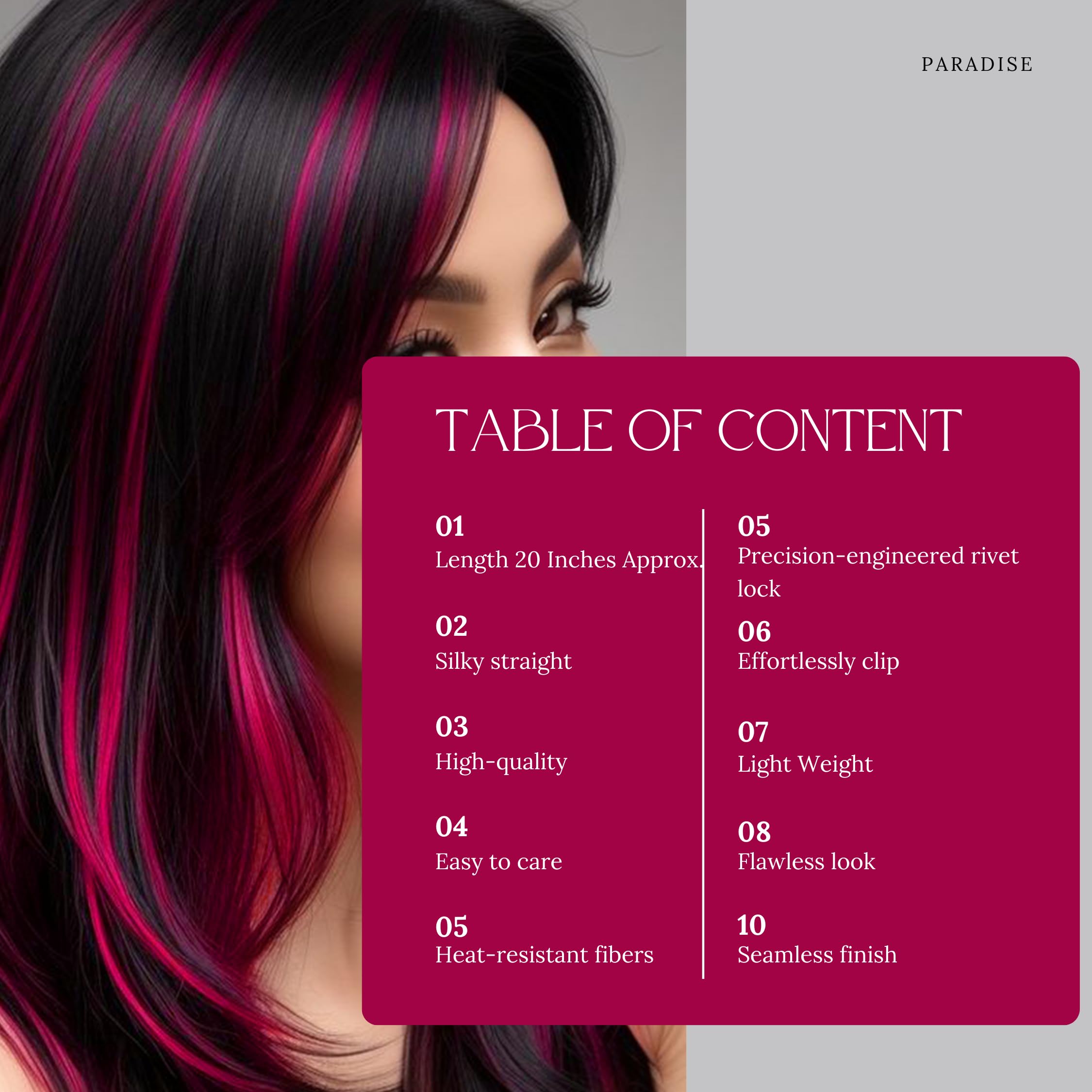 Paradise® Magenta Clip-in Hair Extensions 22 Inches - 6 Pack Straight Synthetic Hair Wefts for Women & Girls | Vibrant Colored Hair Streaks for Cosplay, Halloween, Parties & Daily Fashion Styling