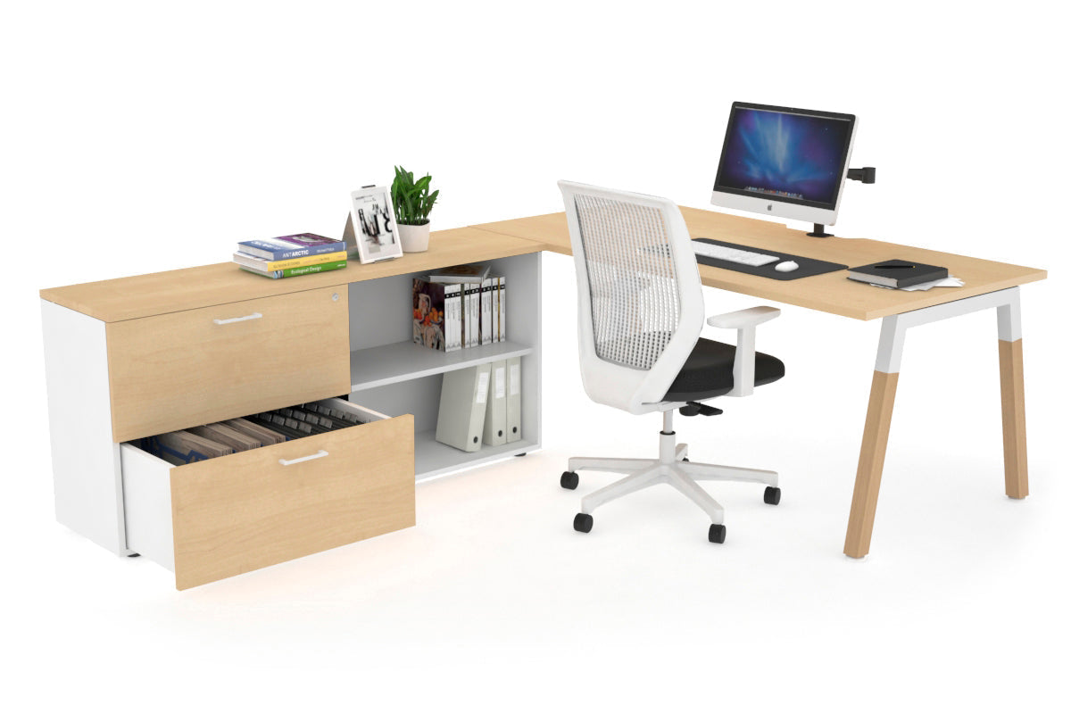 Premium Quadro A-Legs Executive Desk - Solid Wood Legs with White Cross Beam [1600L x 800W] - Modern Office Furniture for Home & Workspace - Includes Cable Management Scallop for Neat Setup