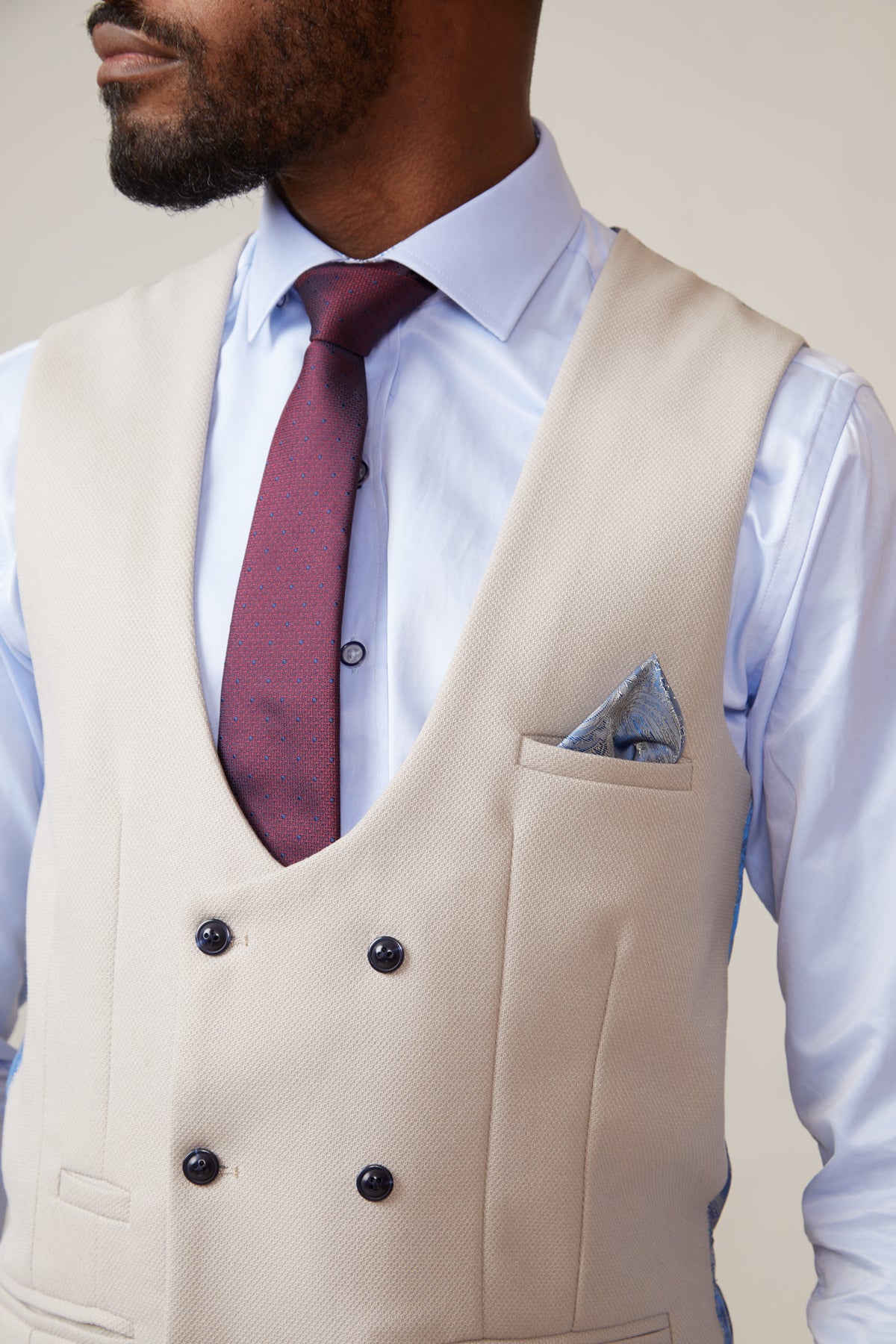 KELVIN Men's Slim Fit Stone Double Breasted Waistcoat Vest - Perfect for Weddings, Business Meetings & Formal Occasions
