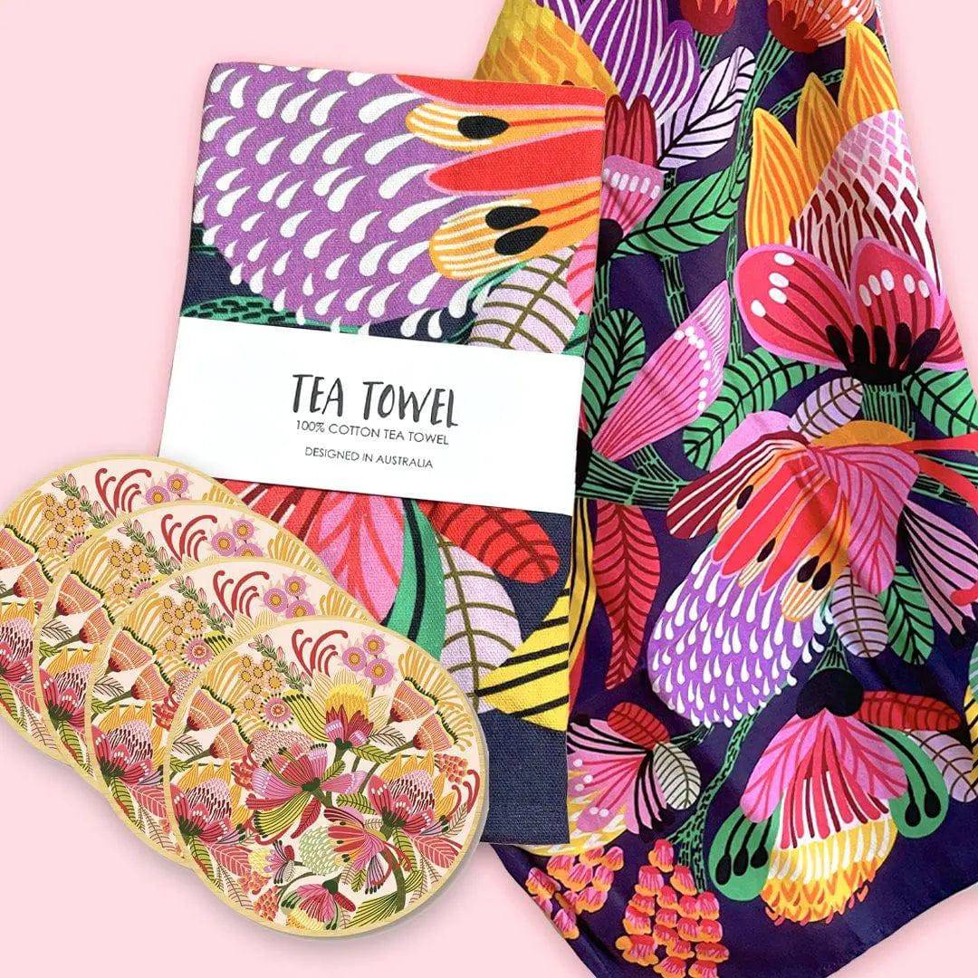 Premium Wild Proteas Tea Towel & Coaster Set - 100% Cotton Kitchen Towels with Absorbent Coasters - Perfect for Tea Time, Kitchen Decor & Housewarming Gifts