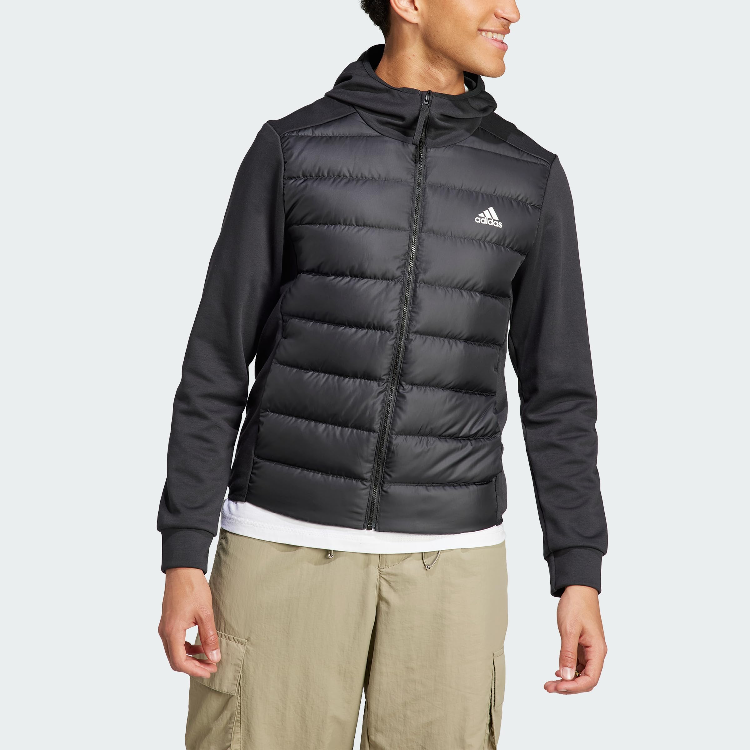 Adidas Men's Essentials Hybrid Down Hooded Jacket - Lightweight Warm Winter Coat for Outdoor Activities & Casual Wear