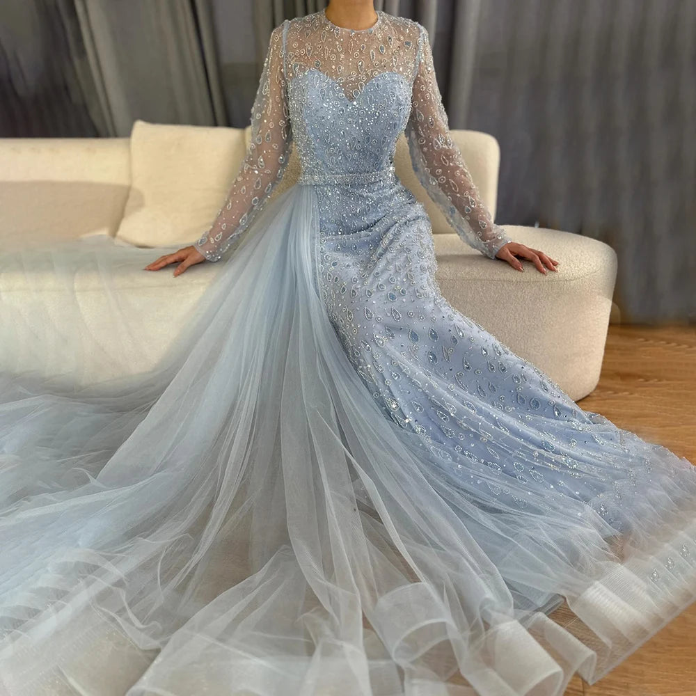 Elegant Blue Saudi Arabic Evening Gown with Beaded Side Overskirt - Dubai Luxury Formal Dress LA72734 for Wedding, Gala & Special Occasions