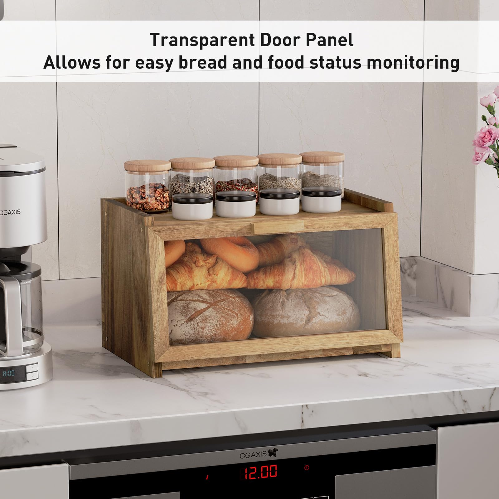 Premium Acacia Wood Bread Box with Clear Window & Air Vent - Large Kitchen Countertop Bread Storage Container, Anti-Falling Design for Fresh Bread & Pastries | Perfect for Home, Bakery & Restaurant Use
