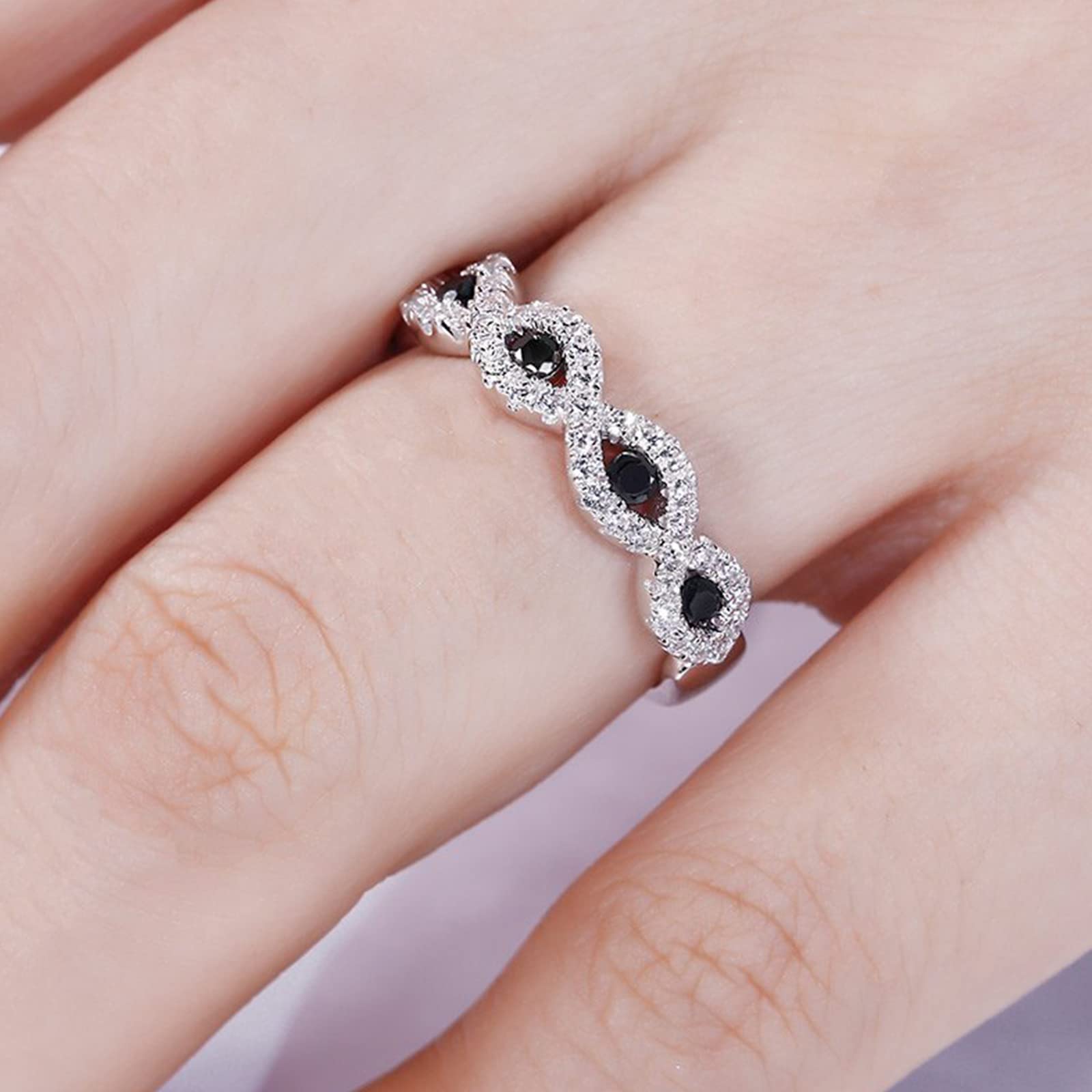 Jeulia Engraved Wedding Stackable Rings - Sterling Silver Band with Sapphire Blue & White Diamond Cubic Zirconia - Half Eternity Engagement, Promise & Anniversary Rings - Gift Box Included - Perfect for Proposals, Vows Renewal & Romantic Gifts