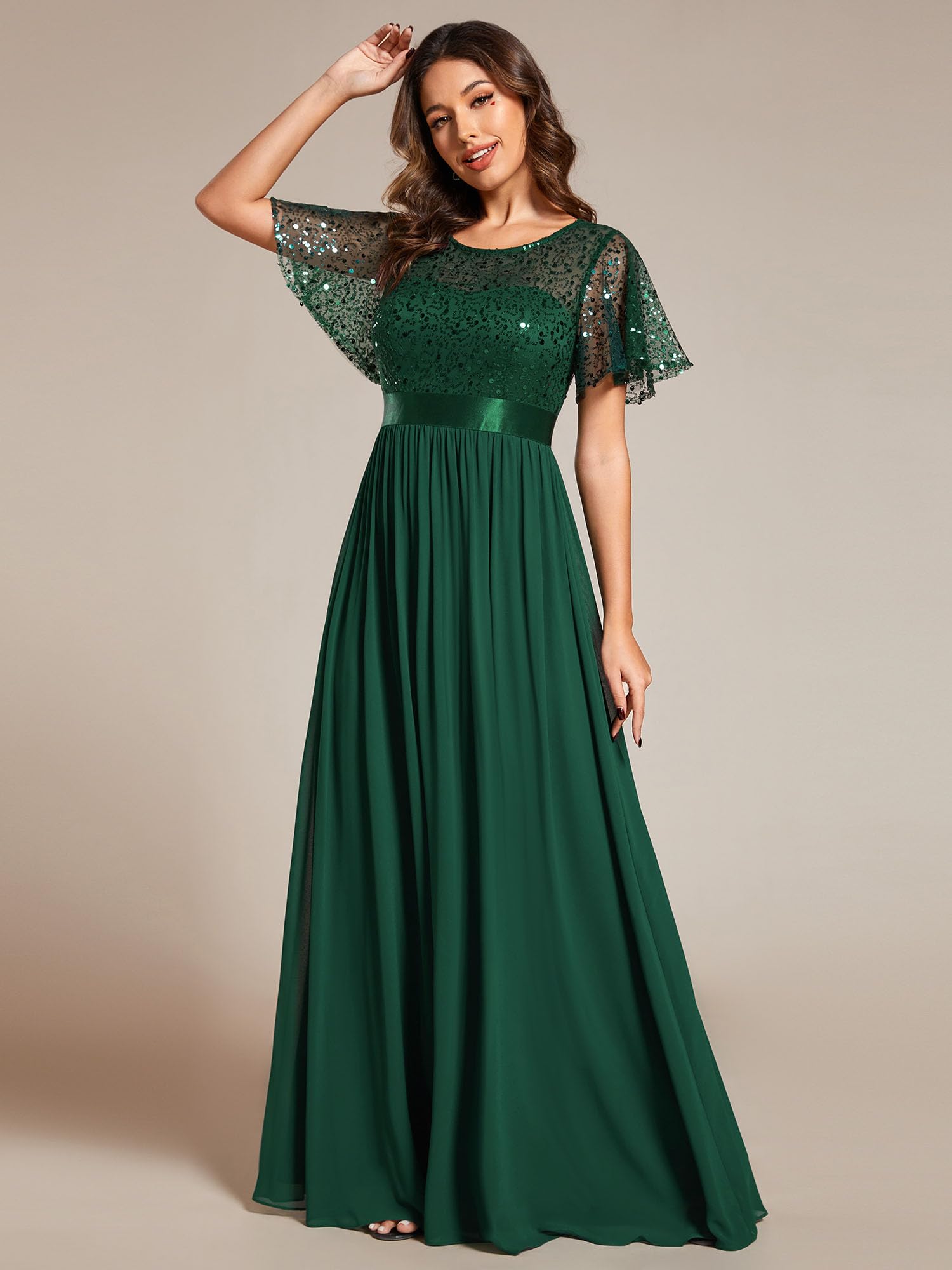Ever-Pretty Women's A-Line Sequin Evening Gown with Crew Neck & Short Sleeves - Floor Length Semi-Formal Party Dress 02126 | Perfect for Prom, Wedding Guest, Cocktail Party & Special Occasions