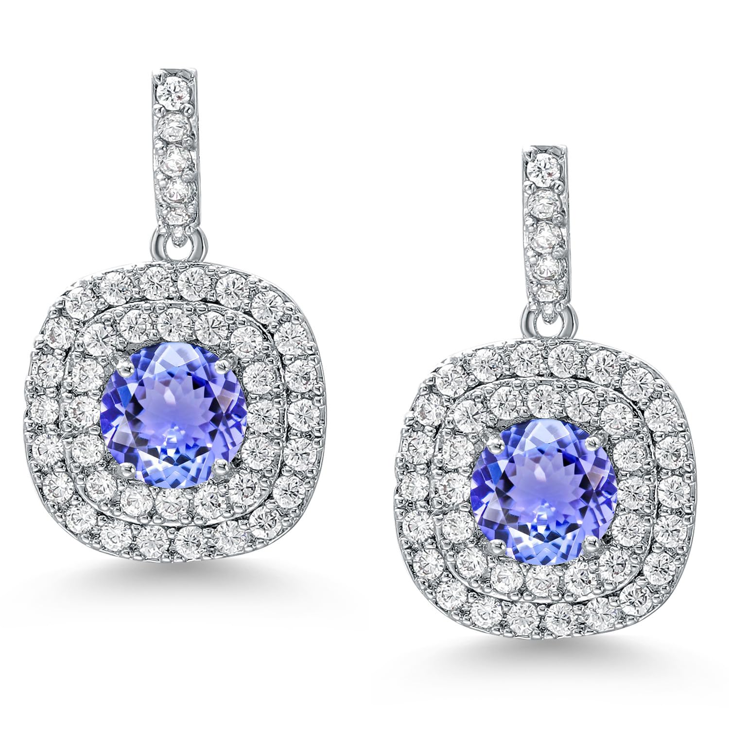 Gem Stone King 6MM Round Gemstone Birthstone Drop Dangle Double Halo Earrings For Women | Sterling Silver Dainty Jewelry | Perfect Gift for Birthday, Anniversary & Special Occasions