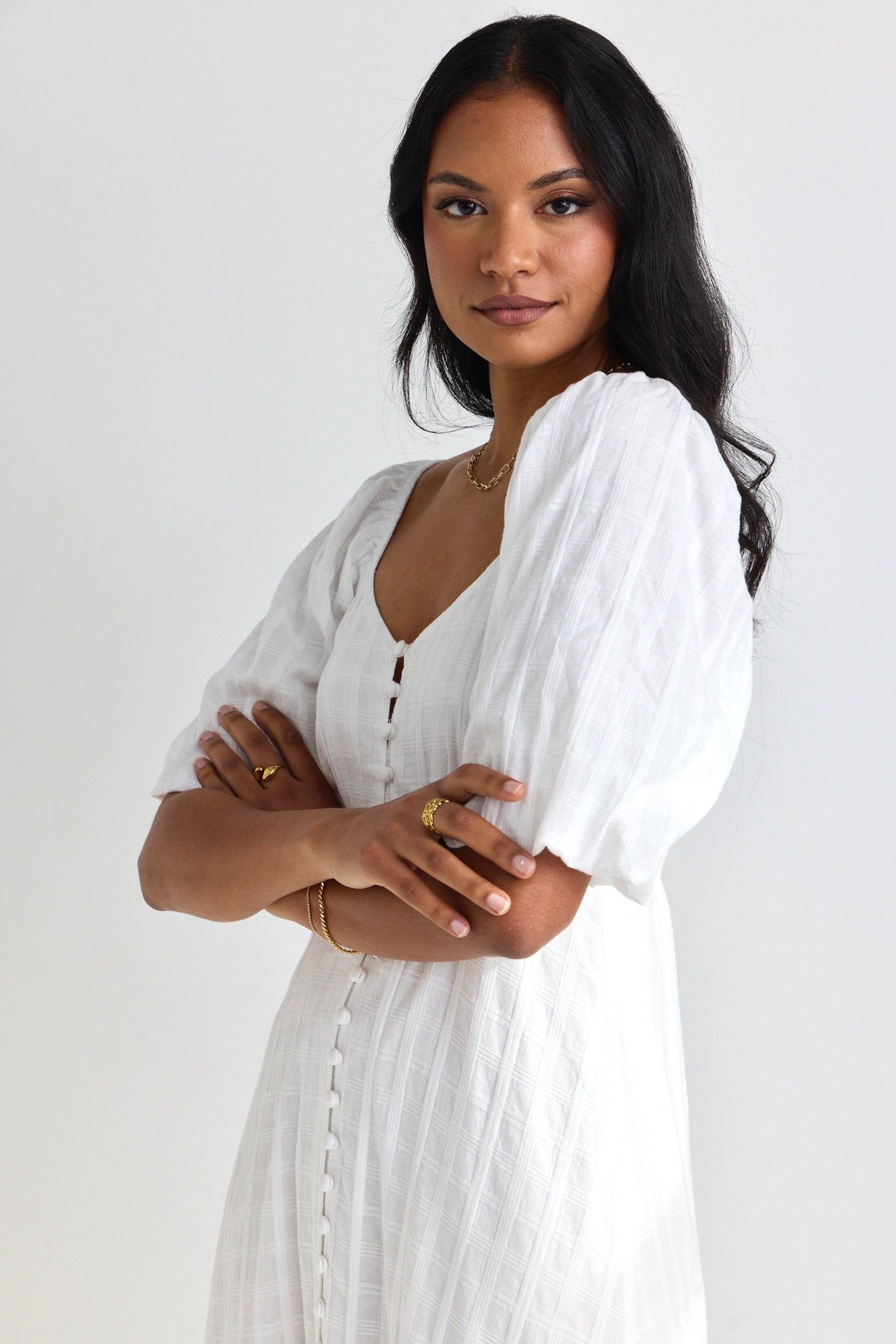 Heartfelt Ivory Check SS Button Front Midi Dress - Elegant Casual Wear for Brunch, Date Night & Summer Parties