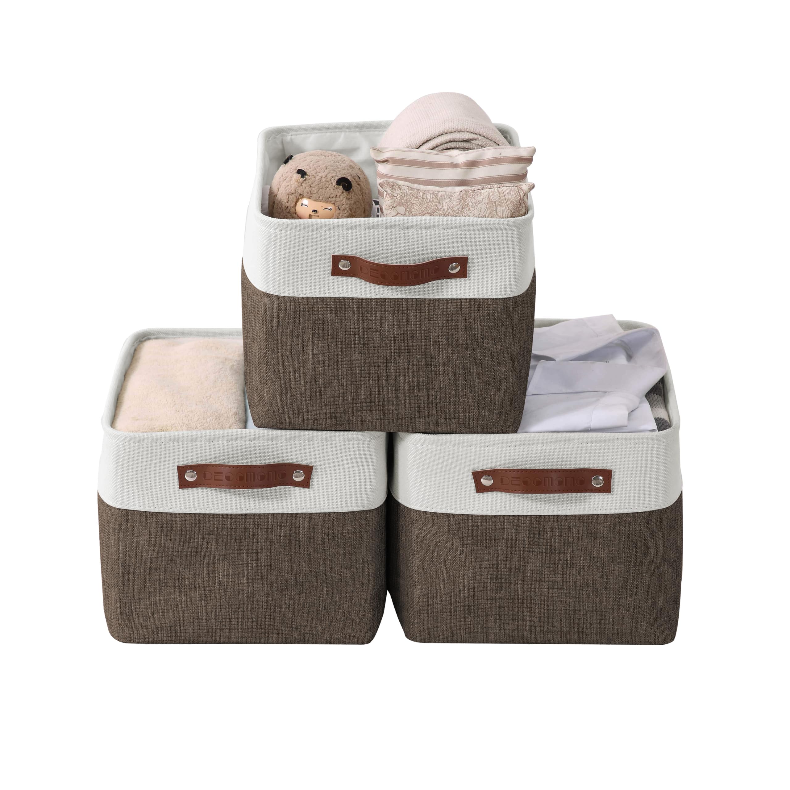 DECOMOMO Fabric Storage Bins - 3 Pack XL Woven Baskets for Shelves, Closet & Toy Organization | Linen, Nursery & Home Decor (Brown & White) - Perfect for Bedroom, Playroom & Pantry Storage