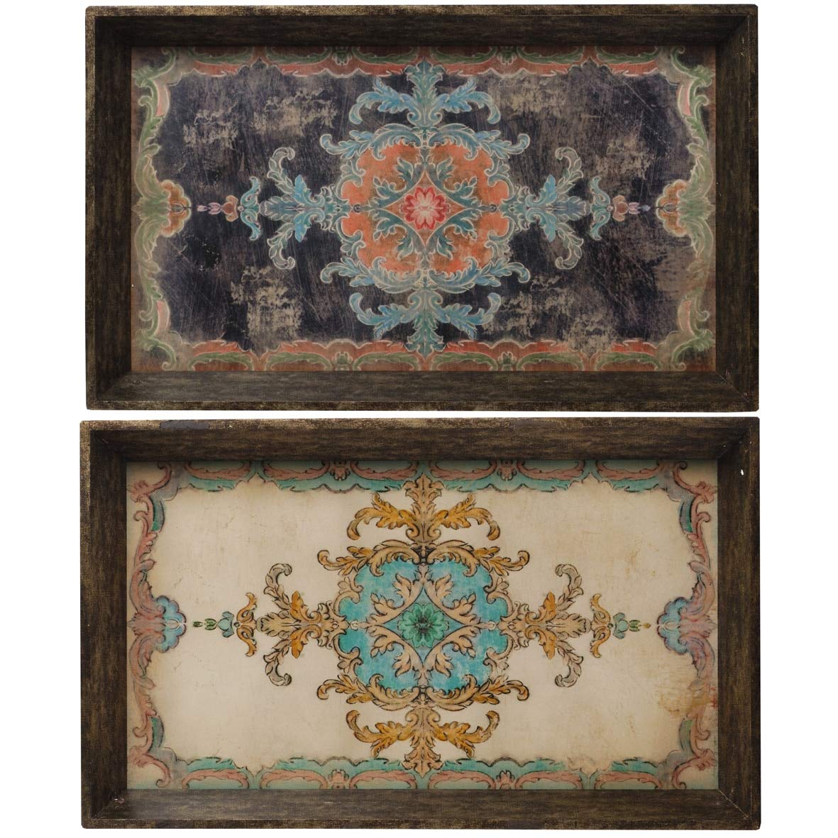 Set of 2 French Country Vintage Wooden Trays - Brown & Multi-Color Distressed Finish for Shabby Chic Decor | Perfect for Coffee Table, Entryway, or Farmhouse Style Home Decor