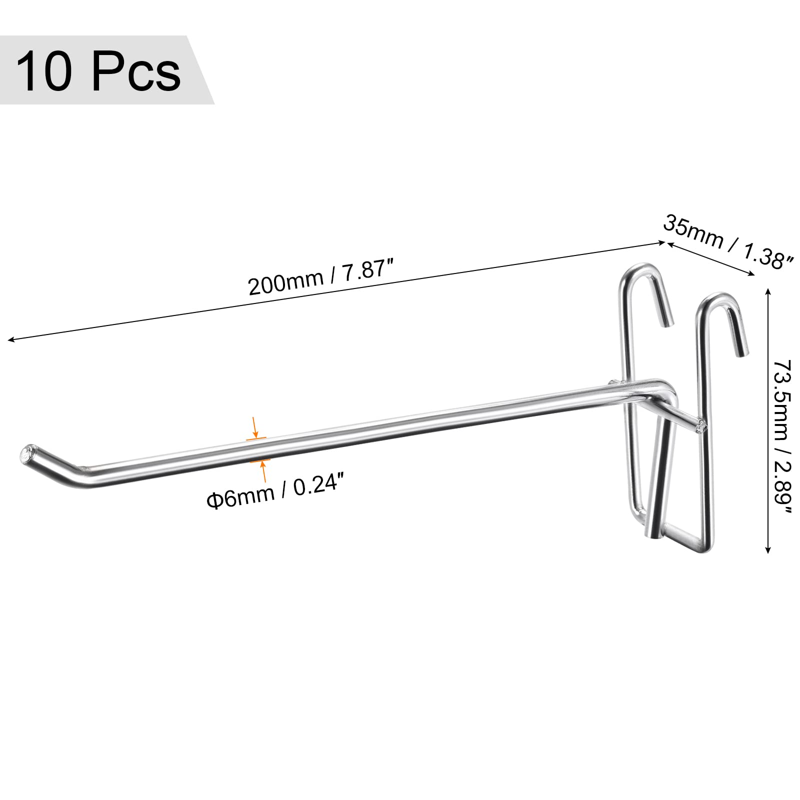 Meccanism Grid Wall Hooks - 10 Pack Heavy Duty Garage Storage Organizer, 8 Inch Long & 0.24 Inch Thick Silver Metal Hooks for Tools, Keys, Hats - Perfect for Workshop, Garage, Retail Store Organization