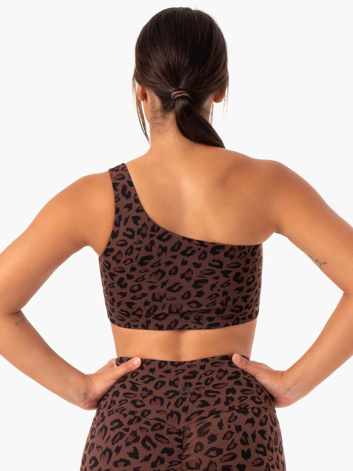 Adapt One Shoulder Sports Bra - Chocolate Leopard Print - High Support Workout Top for Running, Yoga & Gym - Breathable & Comfortable Activewear