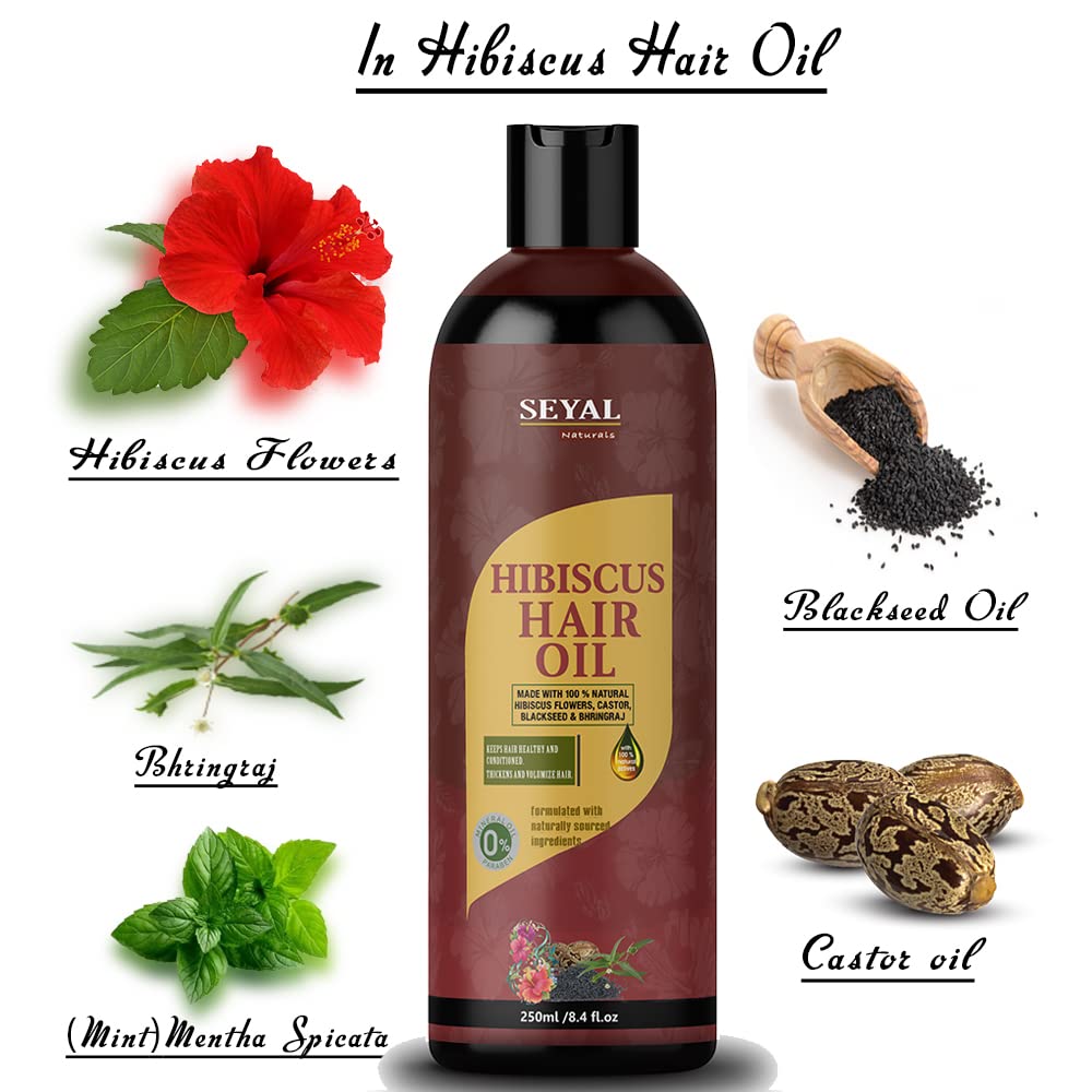 Seyal Hibiscus Hair Oil for Hair Growth & Fall Control - 250ml with Hibiscus Flowers, Castor Oil & Black Seed Oil | Promotes Stronger, Thicker Hair | Perfect for Daily Hair Care & Scalp Massage