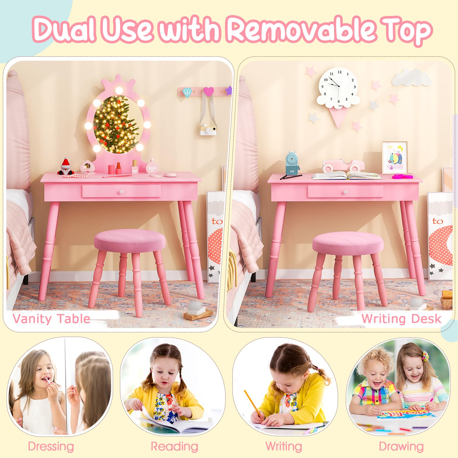 Costzon Kids Vanity Set with Mirror, Stool & LED Lights - 2-in-1 Wooden Makeup Dressing Table with Drawers for Girls - Pretend Play Vanity Desk & Chair Set (Pink) - Perfect for Birthday Gifts, Bedroom Decor & Role Play Activities