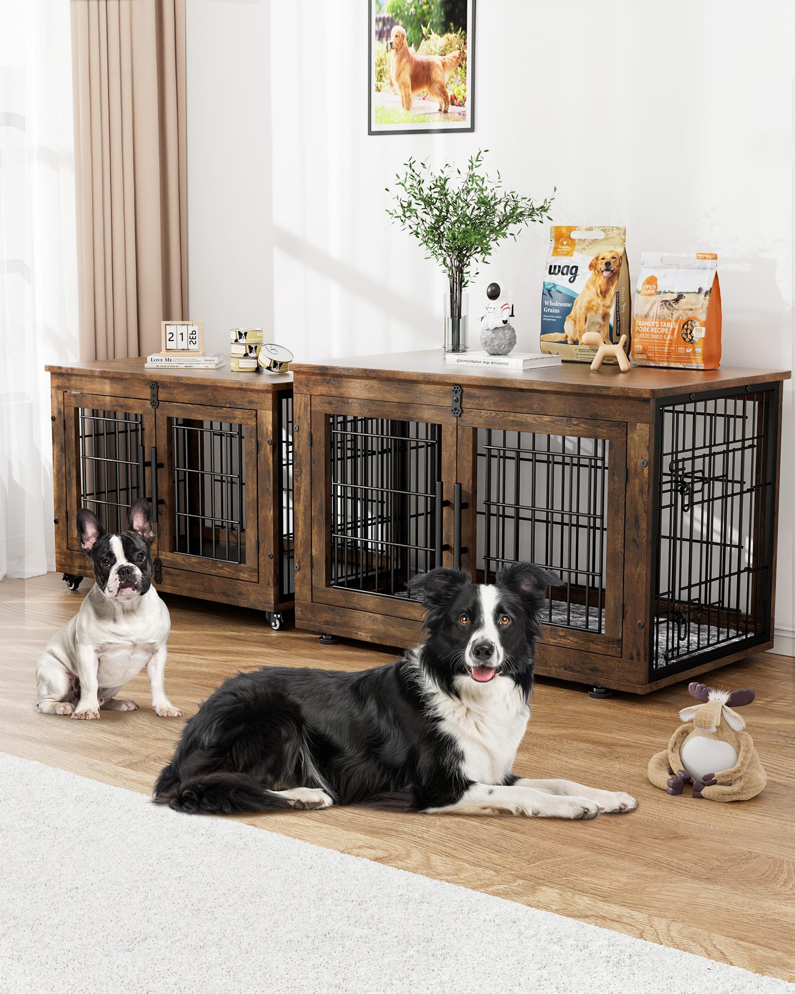 Rustic Brown Large Wooden Dog Crate Furniture with Cushion - 38.5