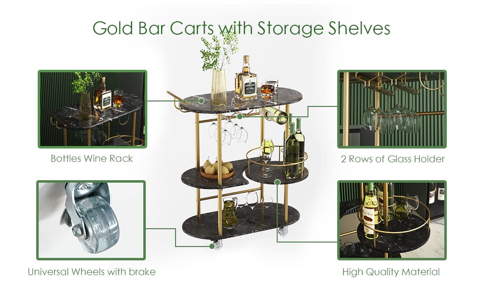 Black Bar Cart with 4-Tier Storage Shelves - Mobile Serving Cart with Wine Rack & Glass Holder - Perfect for Home, Kitchen, Living Room & Dining Room - Ideal for Cocktail Parties, Wine Tasting & Home Entertaining