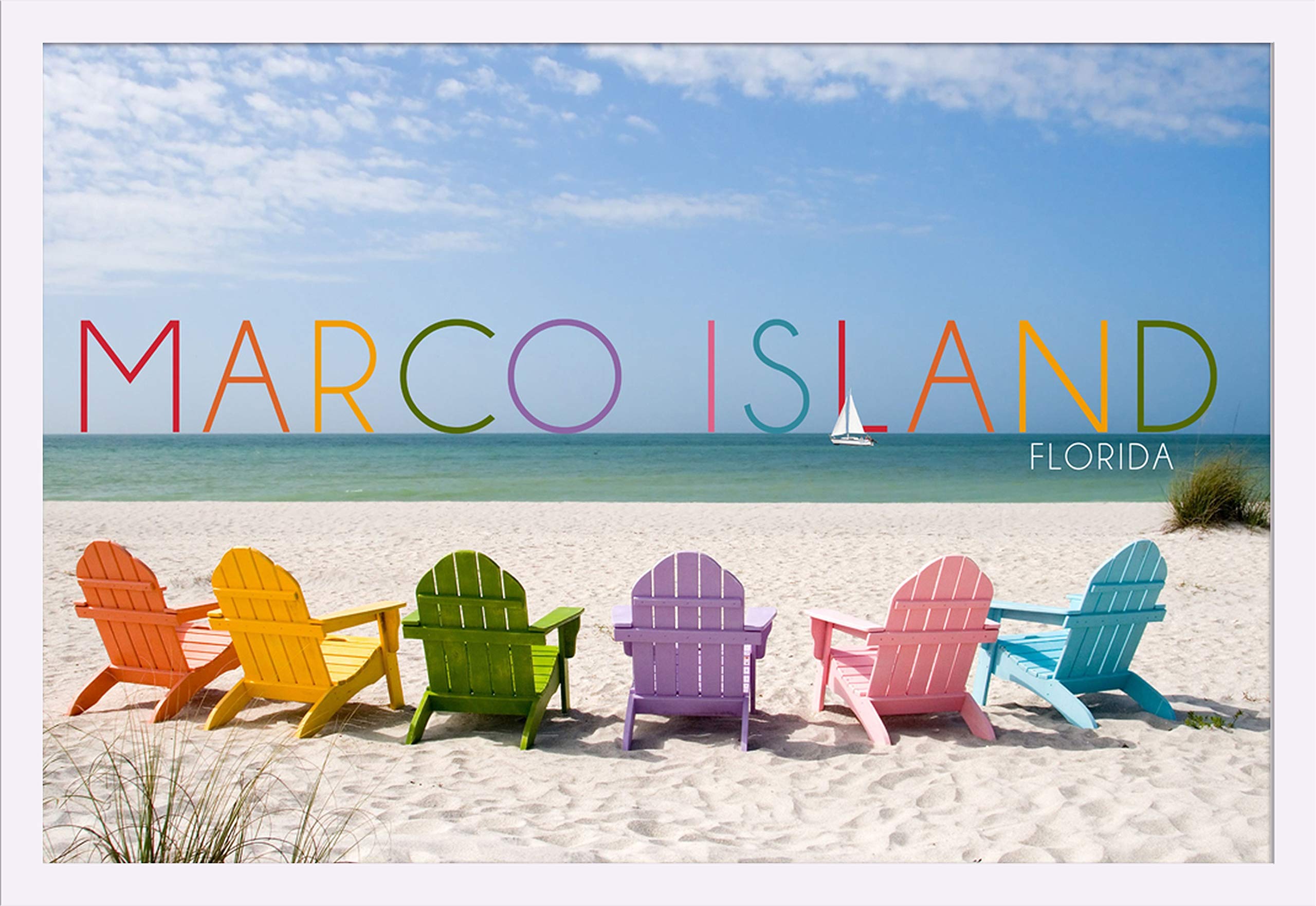 Marco Island Florida Colorful Beach Chairs 36x24 Giclee Art Print - Gallery Framed White Wood Wall Decor - Perfect for Coastal Living Room, Beach House & Vacation Home Decor