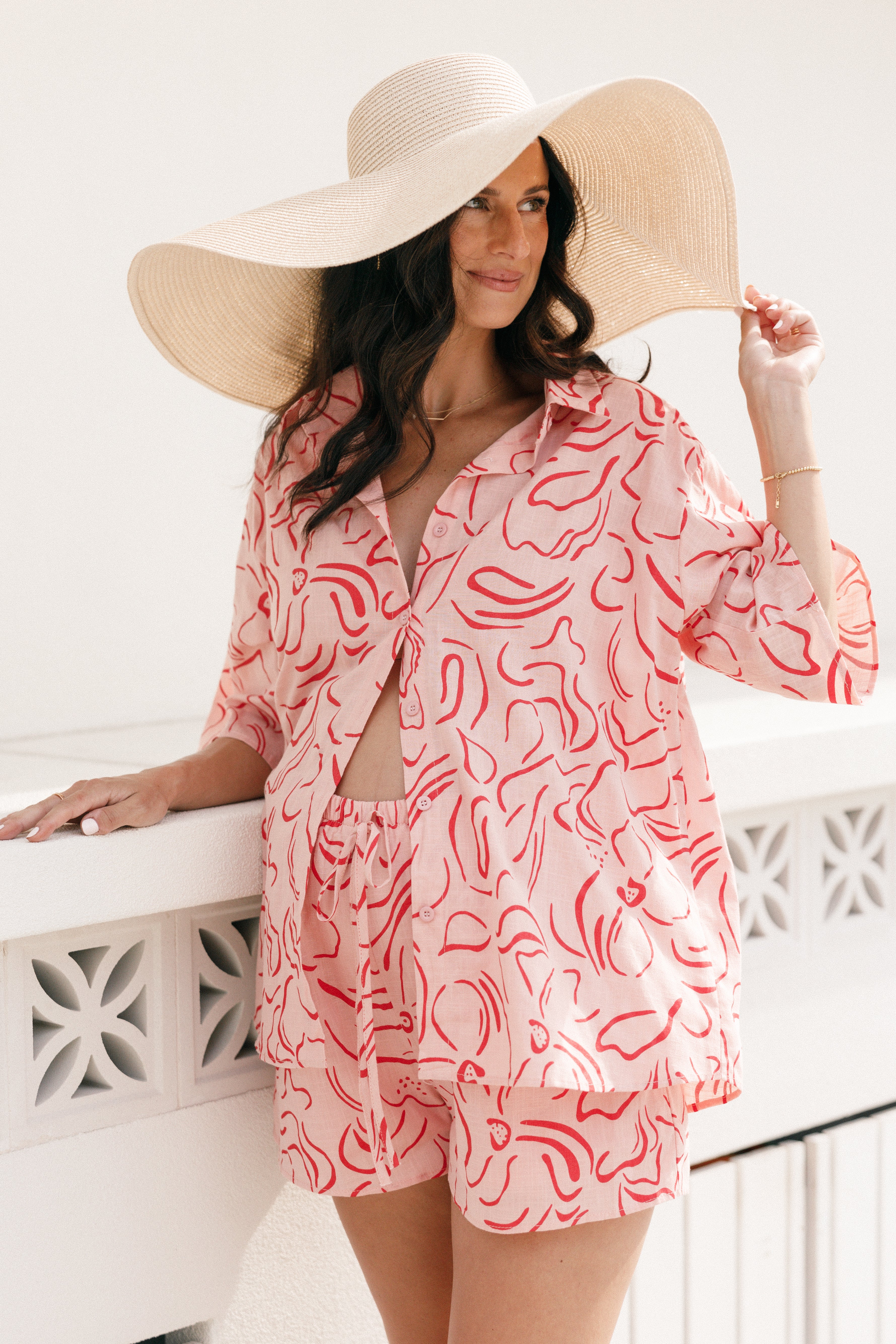 Darla Short Set - Pink Swirl Floral Print Women's Lounge Pajama Set | Soft Cotton Sleepwear for Summer Nights & Relaxing at Home