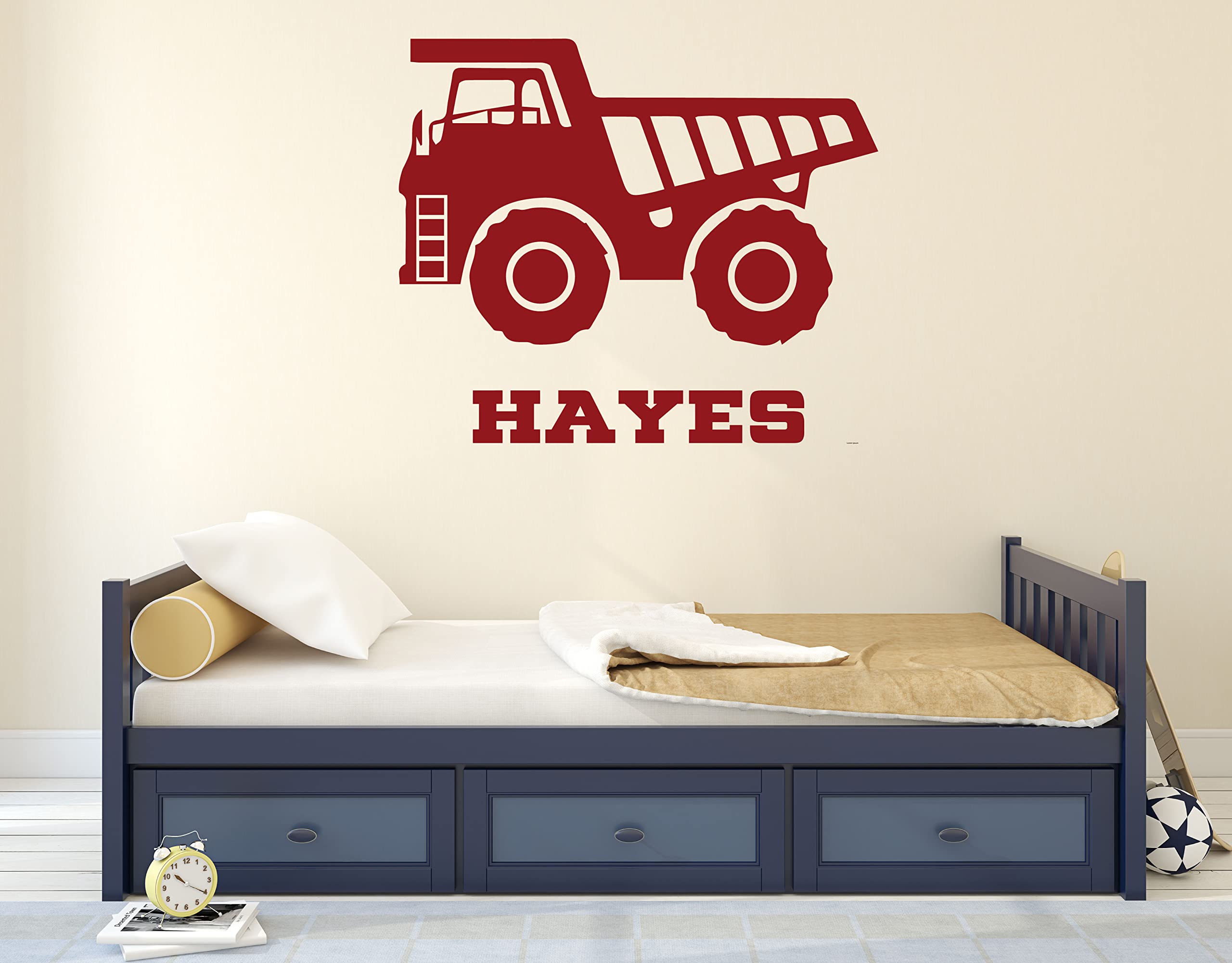Customizable Construction Vinyl Wall Decal with Personalized Name - Dump Truck Home Decor for Bedroom, Nursery, Playroom & Barn - Removable Wall Sticker for Kids Room, Construction Theme Party & DIY Home Improvement Projects