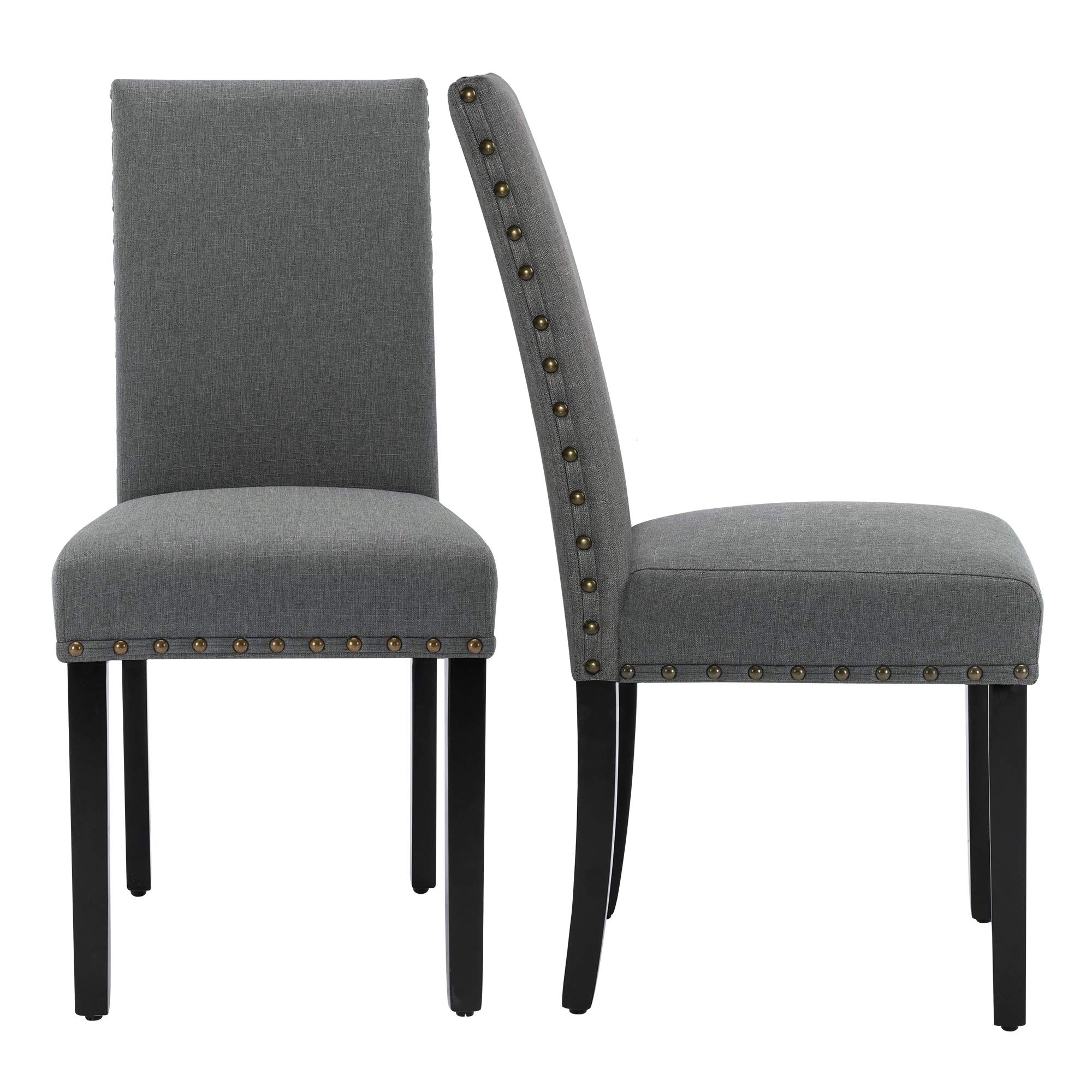 LSSBOUGHT Set of 2 Grey Upholstered Dining Chairs with Studded Nailhead Trim & Sturdy Wooden Legs - Elegant Parson Chairs for Dining Room, Kitchen, or Home Office