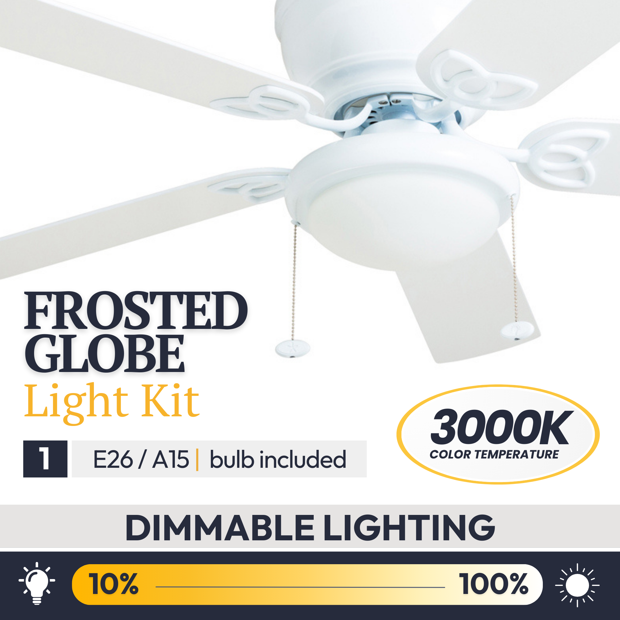 52 Inch Benton White Ceiling Fan with Pull Chain - Energy Efficient Indoor Cooling for Living Room, Bedroom & Office