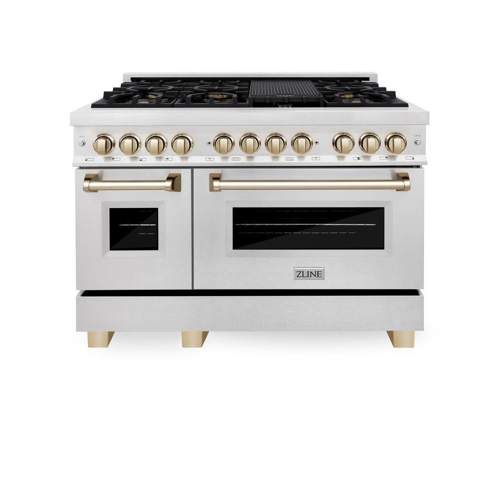 ZLINE Autograph Edition 48-inch Dual Fuel Range - 6.0 cu.ft Capacity, 7-Burner Gas Cooktop & 2 Electric Ovens - Satin Stainless Steel with Polished Gold Accents (RASZ SN 48 G) - Perfect for Professional Home Chefs & Luxury Kitchens